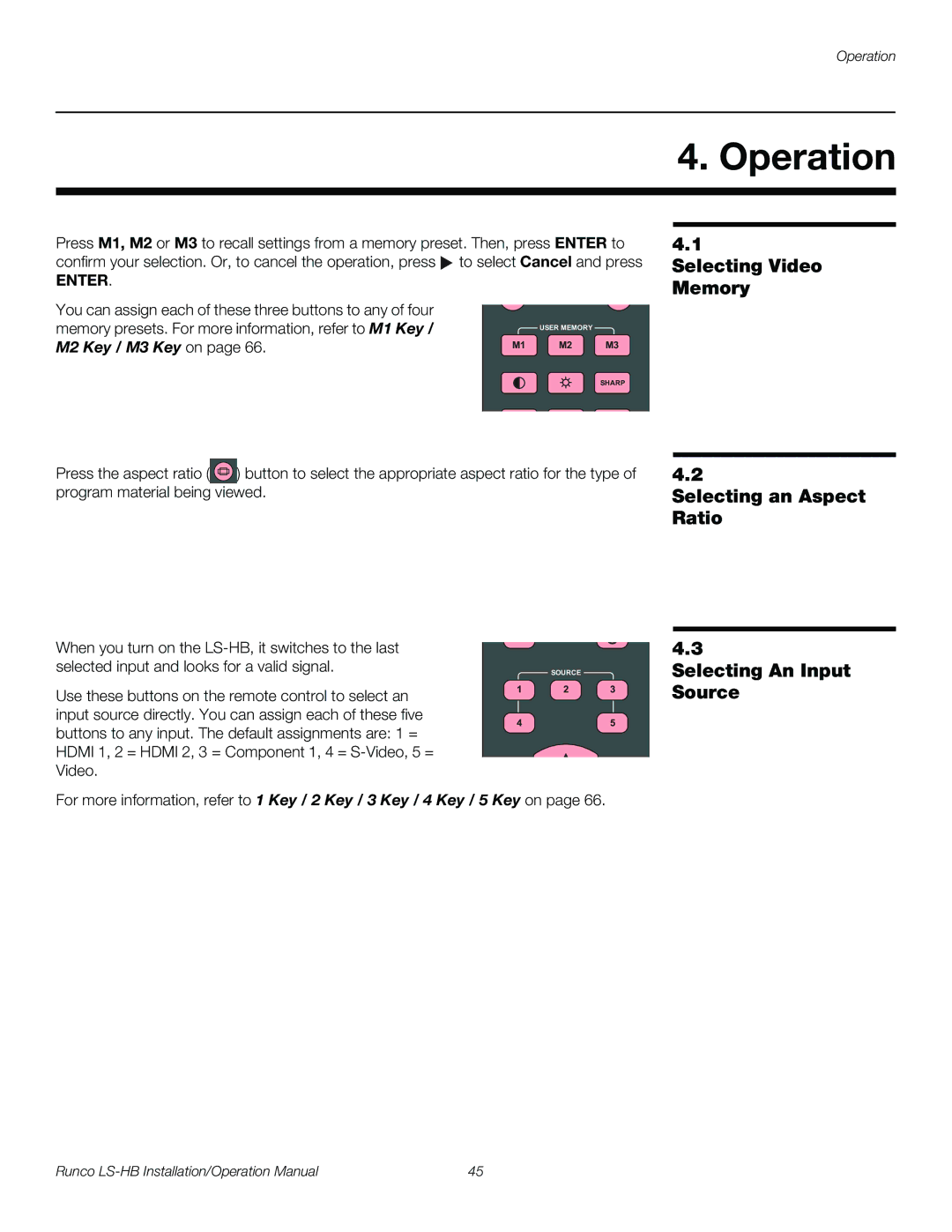 Runco LS-HB Operation, Selecting Video Memory, Selecting an Aspect Ratio, Selecting An Input Source, M2 Key / M3 Key on 