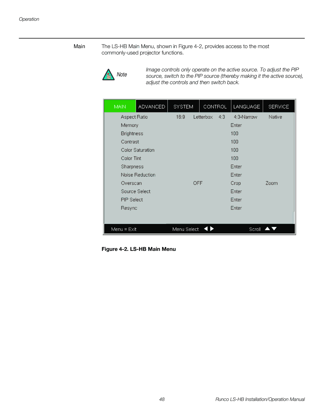 Runco operation manual LS-HB Main Menu 