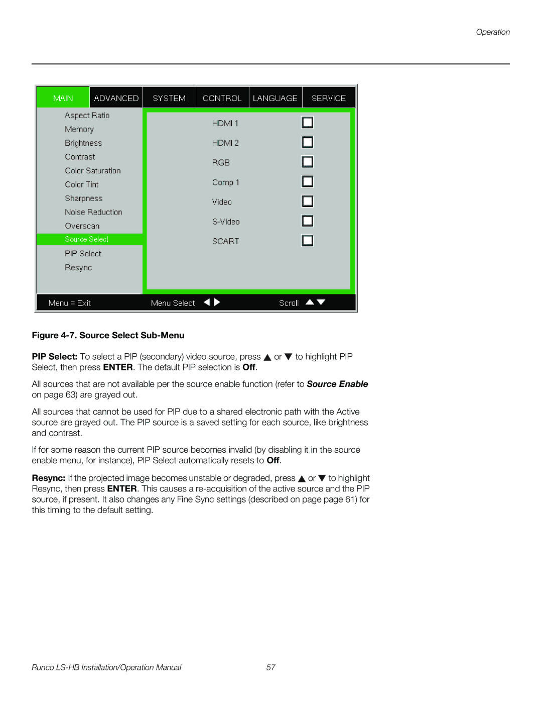 Runco LS-HB operation manual Source Select Sub-Menu 