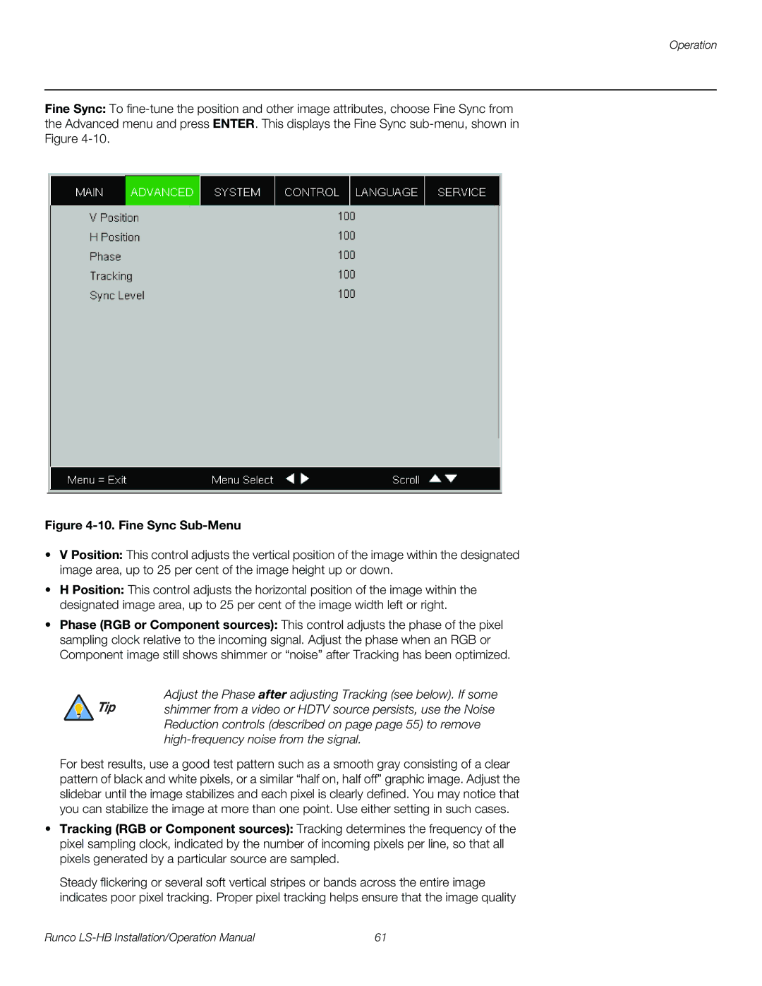 Runco LS-HB operation manual Fine Sync Sub-Menu 