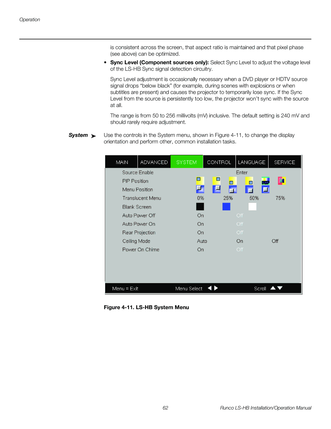 Runco operation manual LS-HB System Menu 