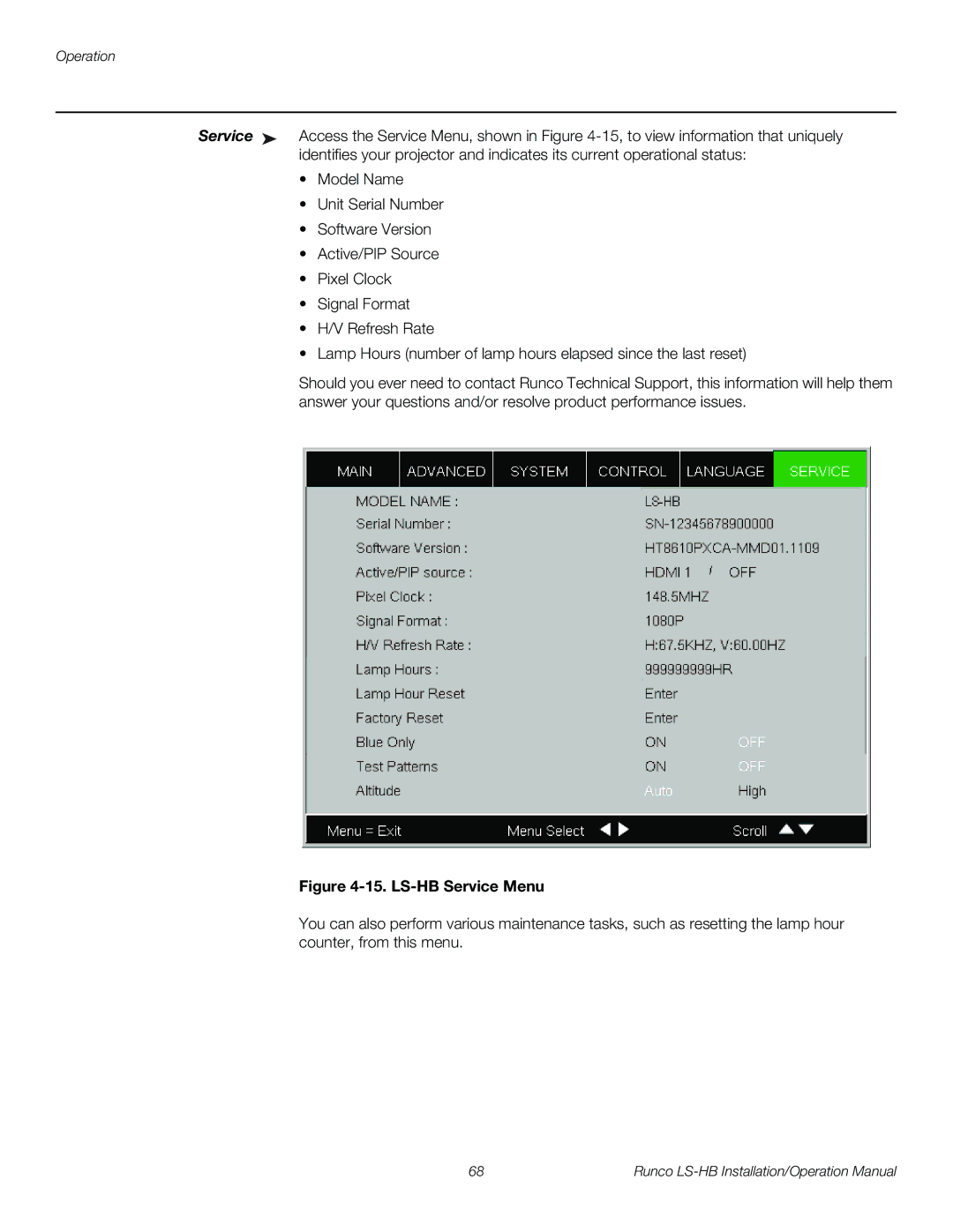 Runco operation manual LS-HB Service Menu 