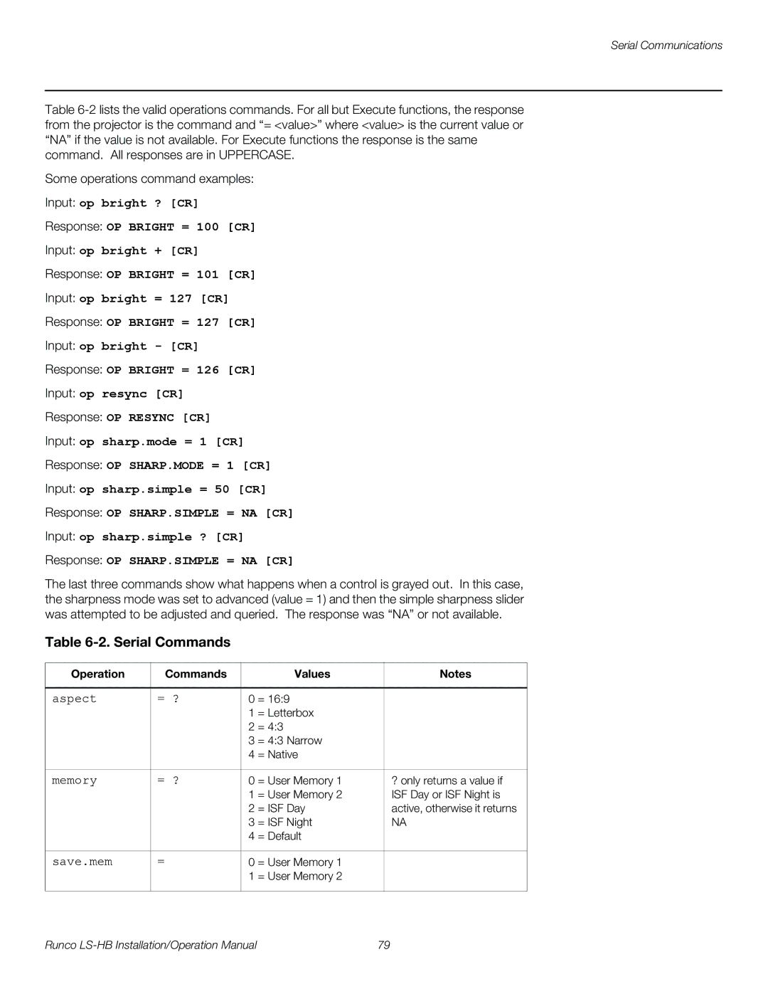 Runco LS-HB operation manual Serial Commands, Operation Commands Values 