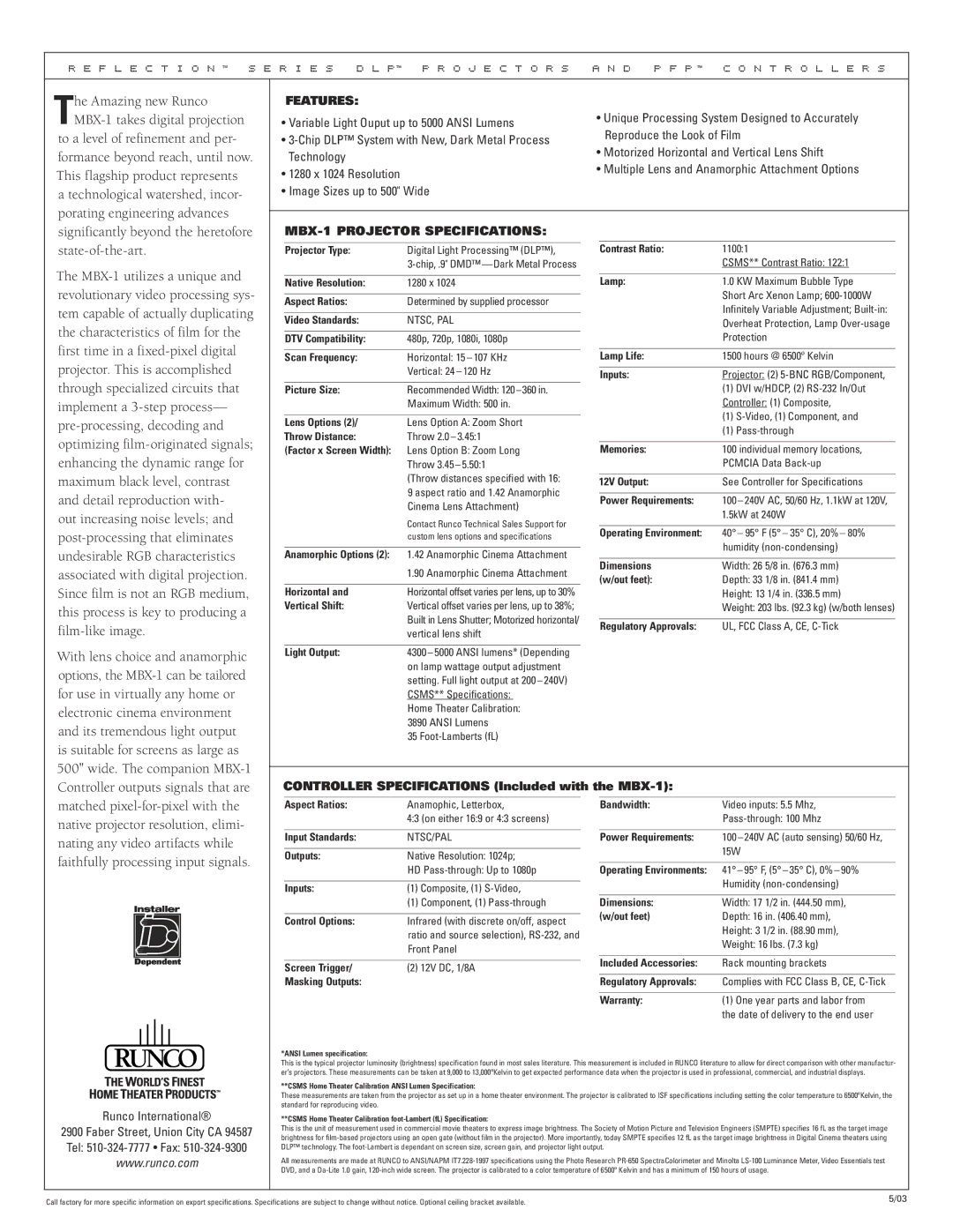 Runco manual Features, MBX-1 Projector Specifications 