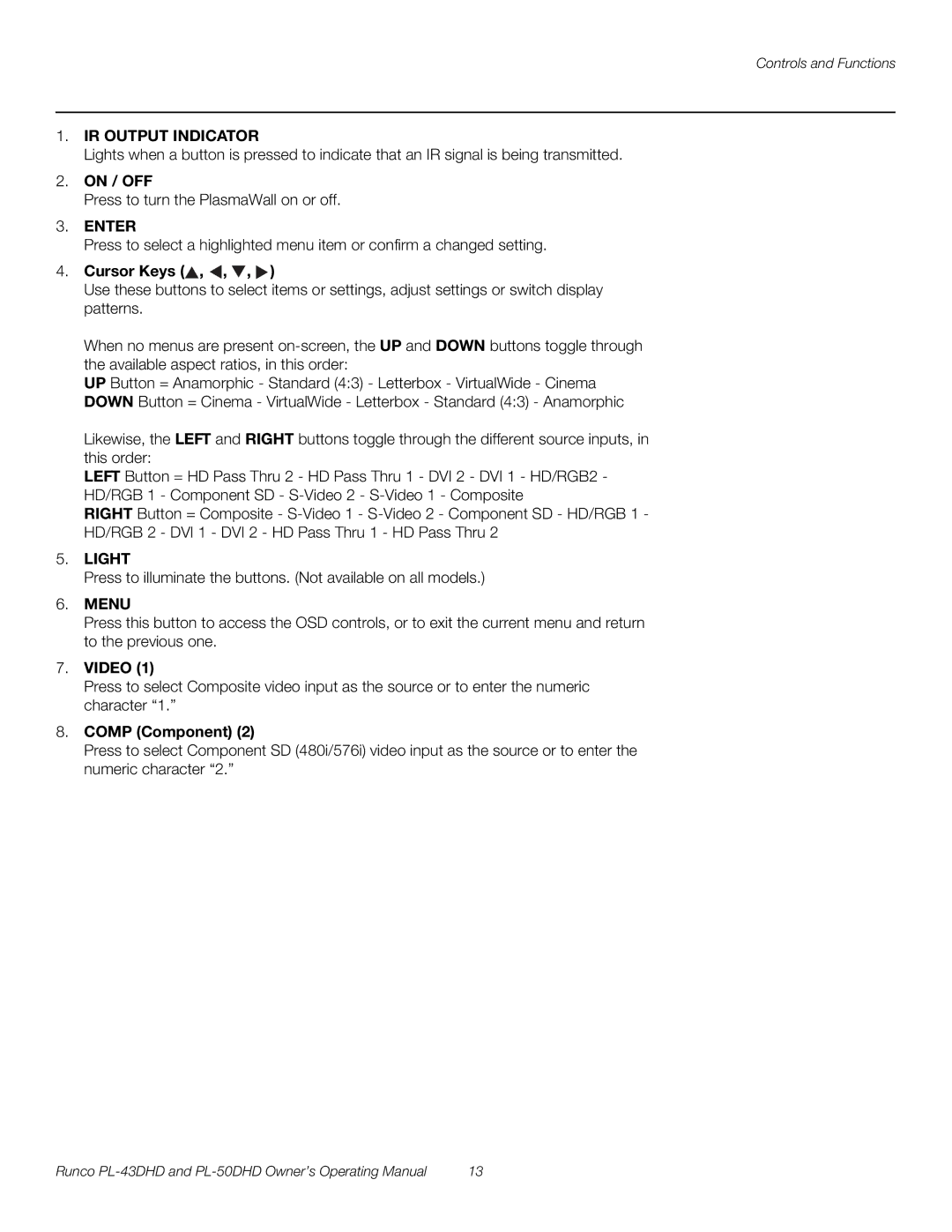 Runco PL-43DHD, PL-50DHD manual IR Output Indicator, Enter, Light, Menu 