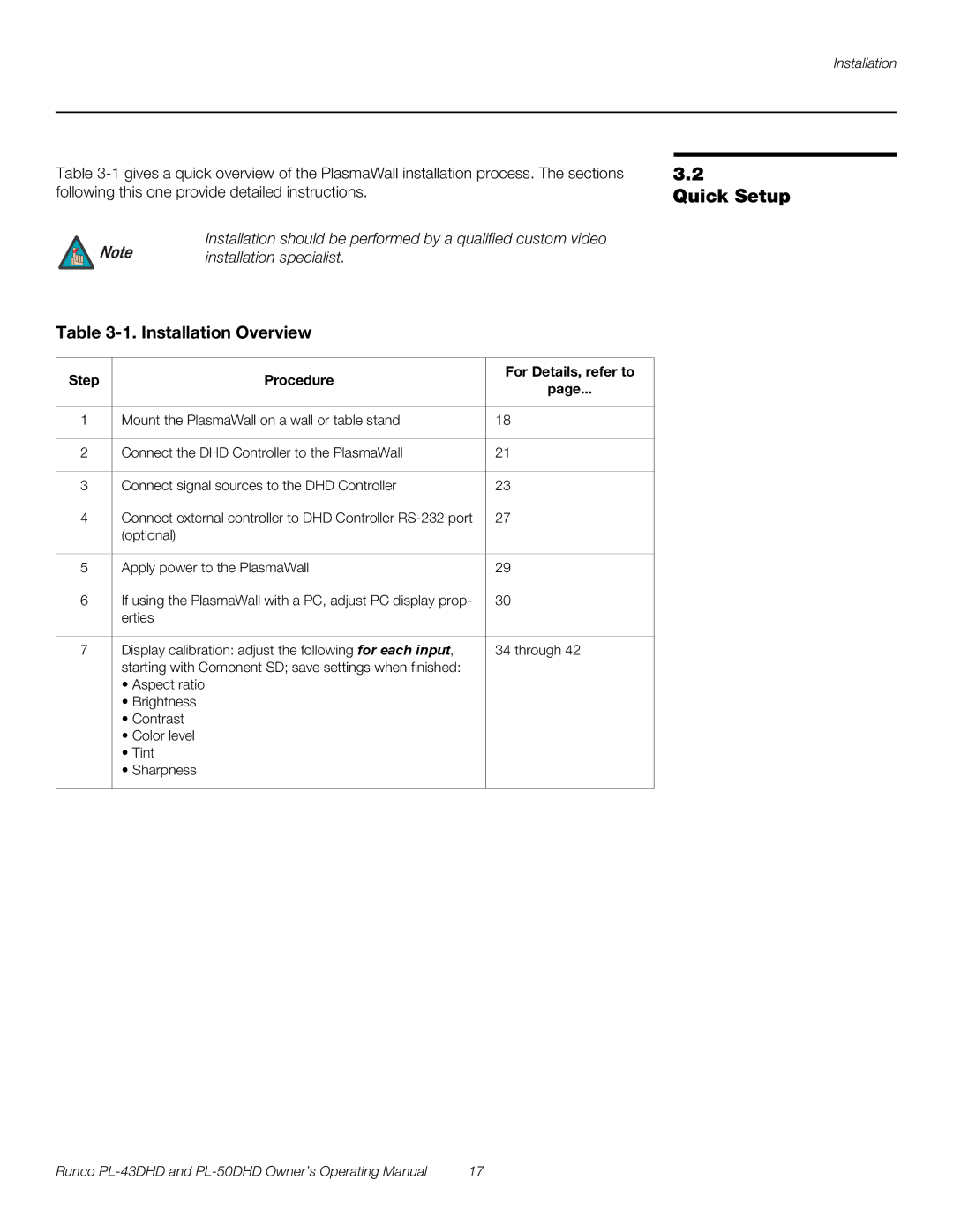 Runco PL-43DHD, PL-50DHD manual Quick Setup, Installation specialist, Step Procedure For Details, refer to 