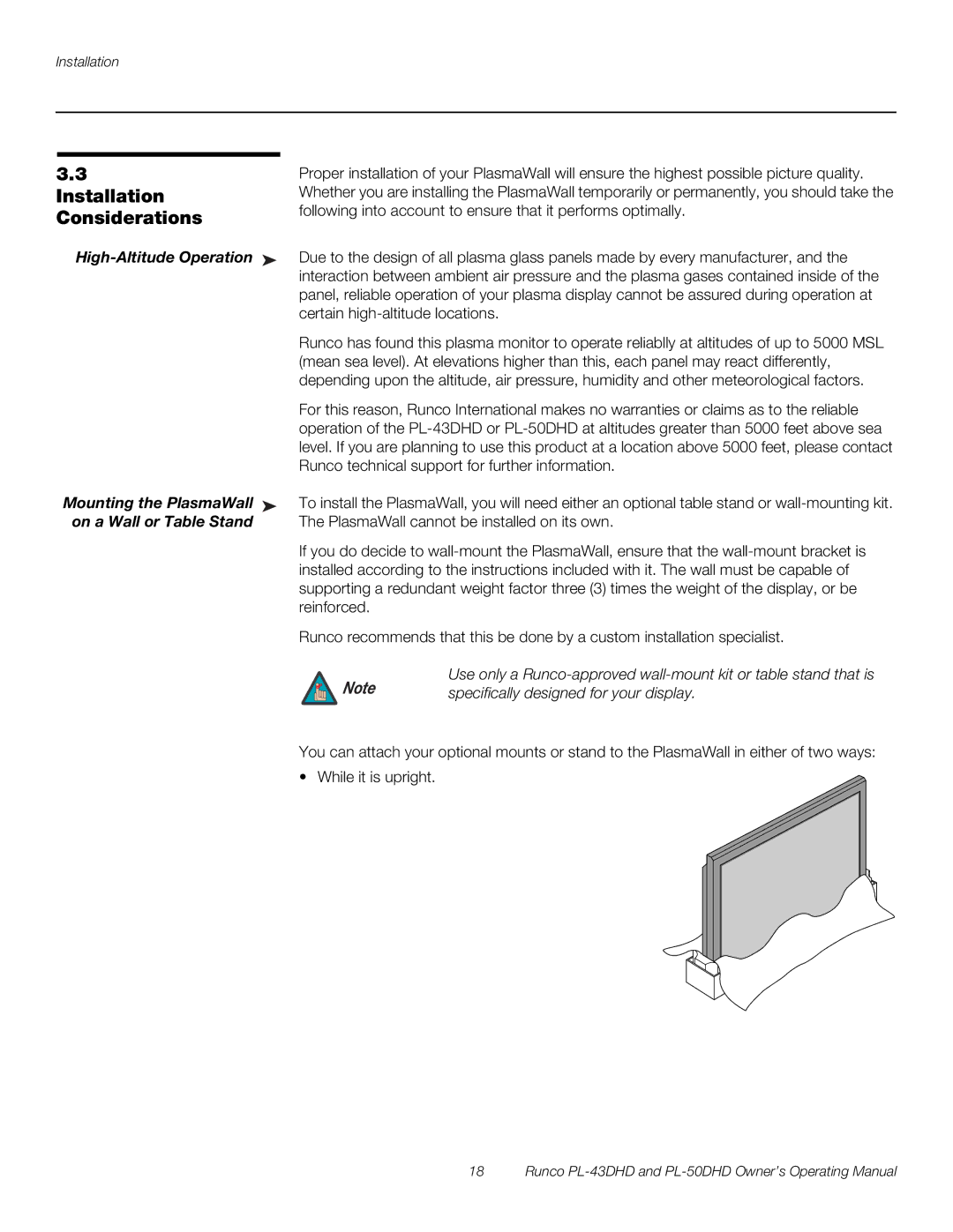 Runco PL-50DHD Installation, Considerations, High-Altitude Operation, Mounting the PlasmaWall, On a Wall or Table Stand 