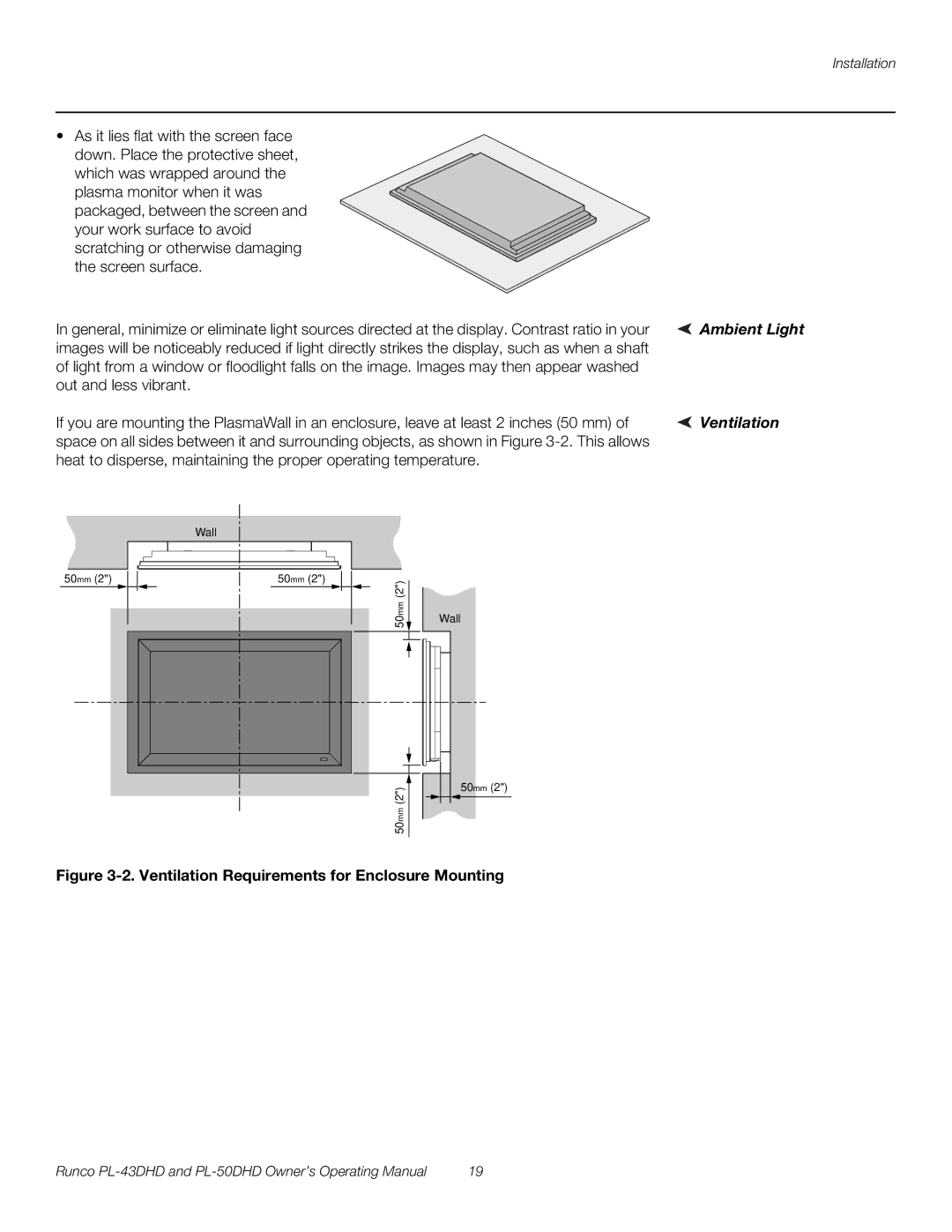 Runco PL-43DHD, PL-50DHD manual Ambient Light, Ventilation 