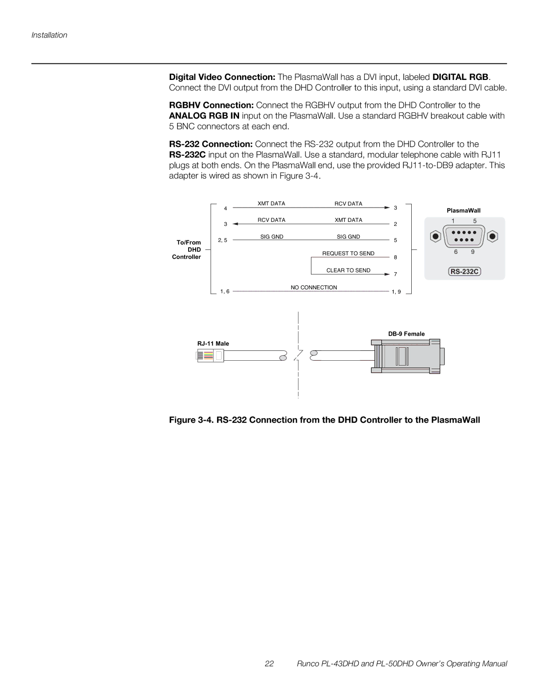 Runco PL-50DHD, PL-43DHD manual RS-232 Connection from the DHD Controller to the PlasmaWall 