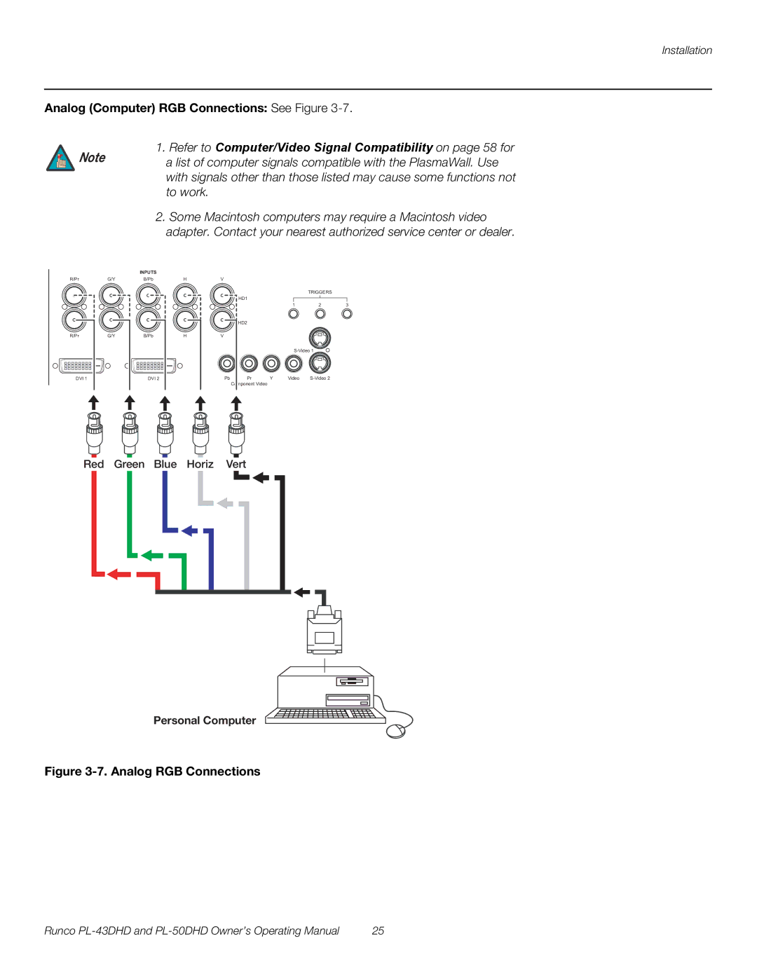 Runco PL-43DHD Analog Computer RGB Connections See Figure, Refer to Computer/Video Signal Compatibility on page 58 for 