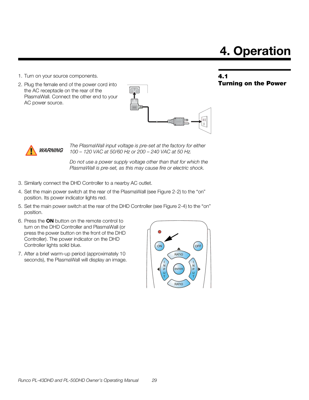 Runco PL-43DHD, PL-50DHD manual Operation, Turning on the Power 