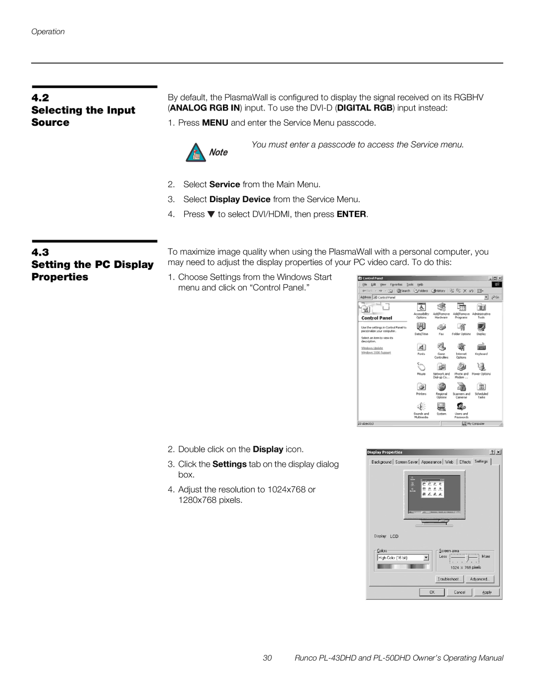 Runco PL-50DHD, PL-43DHD manual Selecting the Input Source Setting the PC Display Properties 