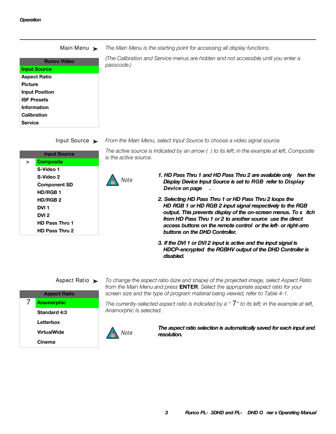 Runco PL-50DHD, PL-43DHD manual Main Menu, Input Source, Aspect Ratio, HD Pass Thru 1 HD Pass Thru 
