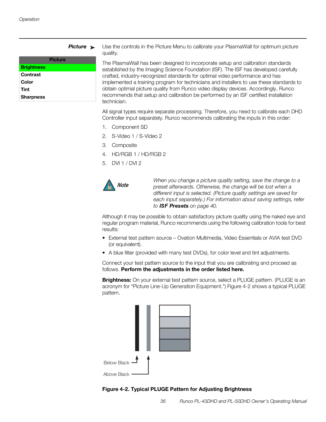 Runco PL-50DHD, PL-43DHD manual Picture Brightness Contrast Color Tint Sharpness 