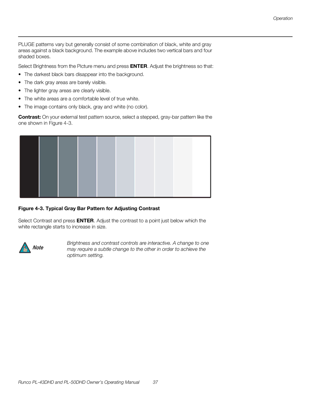 Runco PL-43DHD, PL-50DHD manual Typical Gray Bar Pattern for Adjusting Contrast 