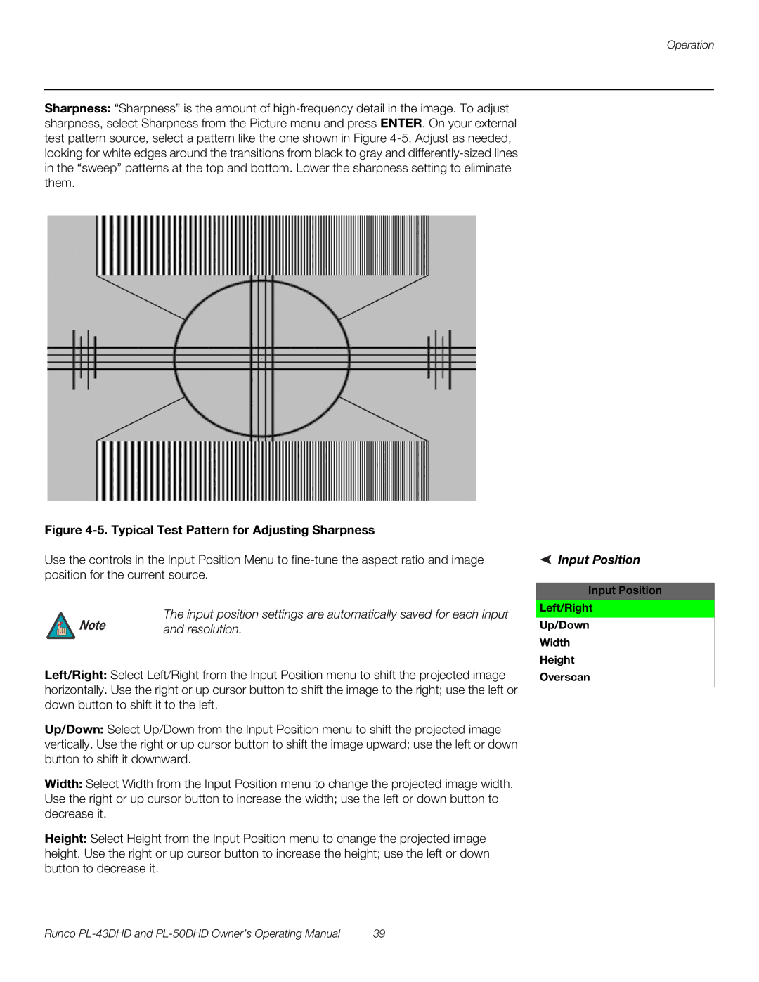 Runco PL-43DHD, PL-50DHD manual Resolution, Input Position Left/Right Up/Down Width Height Overscan 