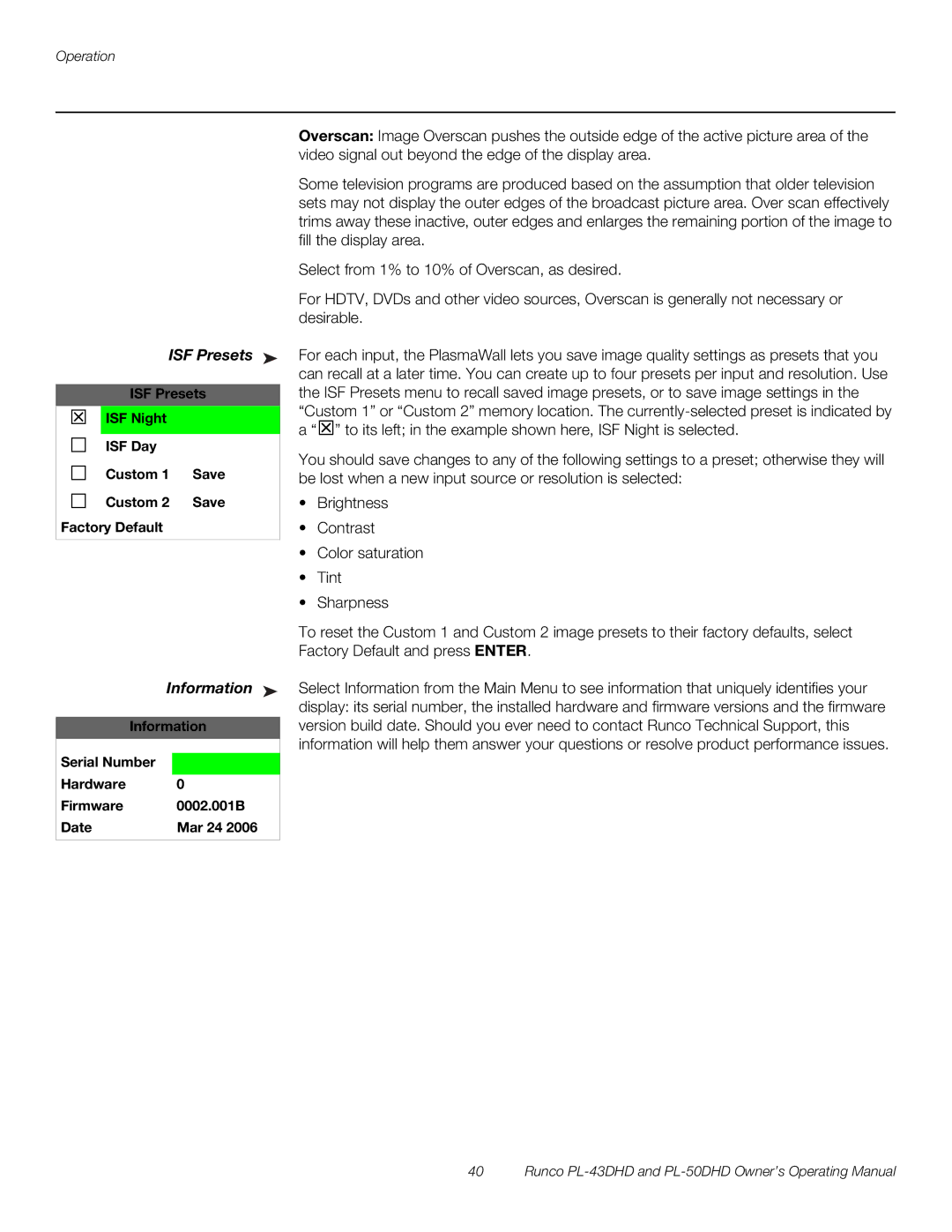 Runco PL-50DHD, PL-43DHD manual Information, ISF Presets ISF Night ISF Day Custom Save Factory Default 