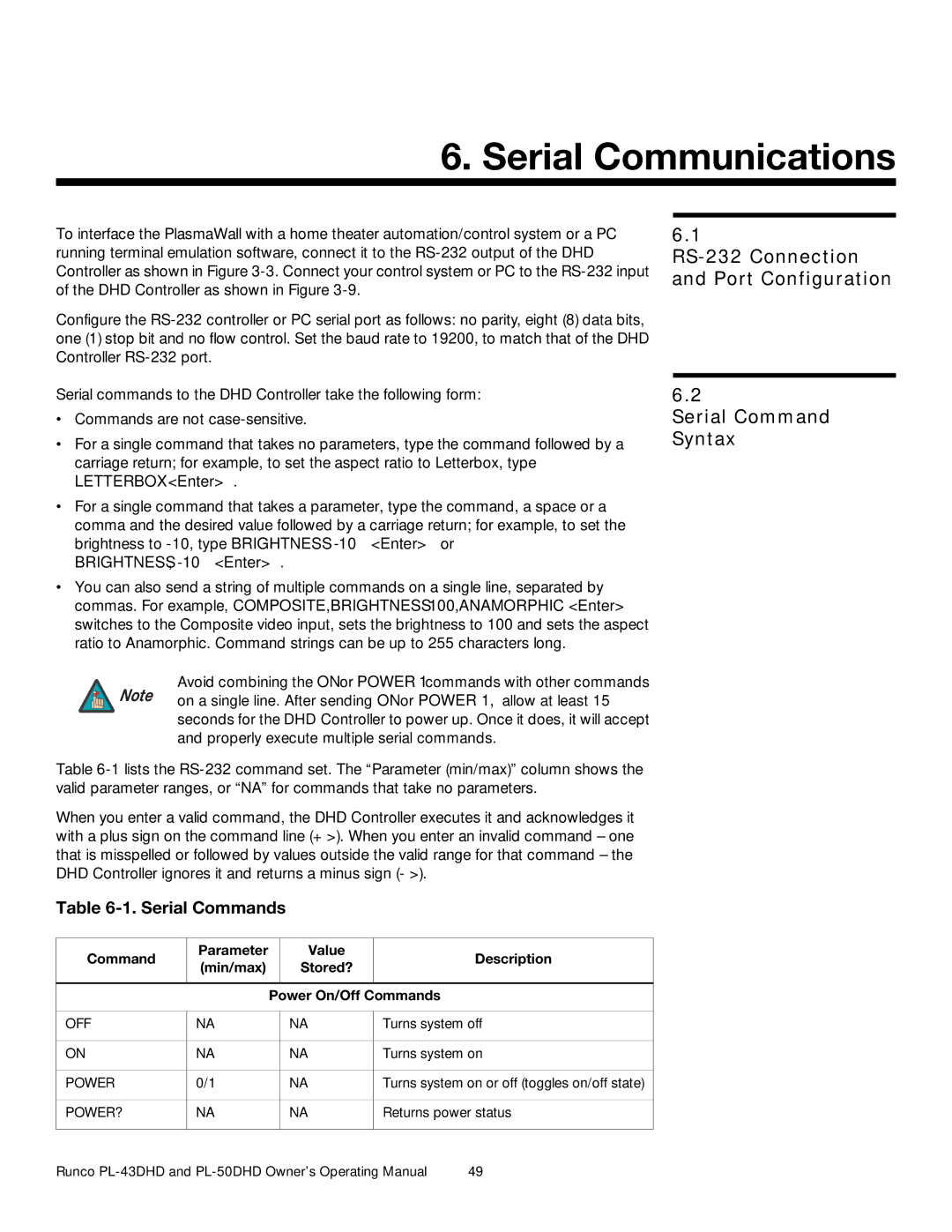 Runco PL-43DHD, PL-50DHD manual Serial Communications, Value Description Min/max Stored? Power On/Off Commands 