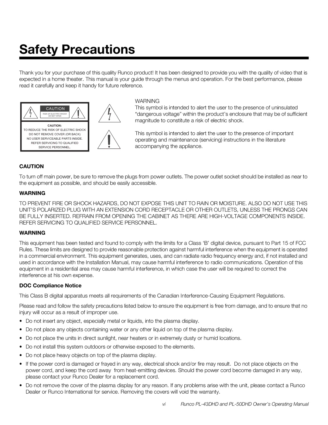 Runco PL-50DHD, PL-43DHD manual Safety Precautions, DOC Compliance Notice 