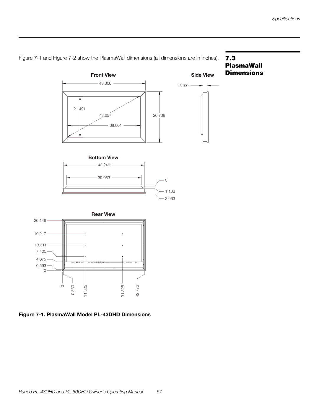 Runco PL-50DHD manual PlasmaWall Dimensions, PlasmaWall Model PL-43DHD Dimensions 