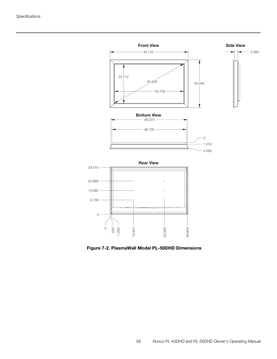 Runco PL-43DHD manual PlasmaWall Model PL-50DHD Dimensions 