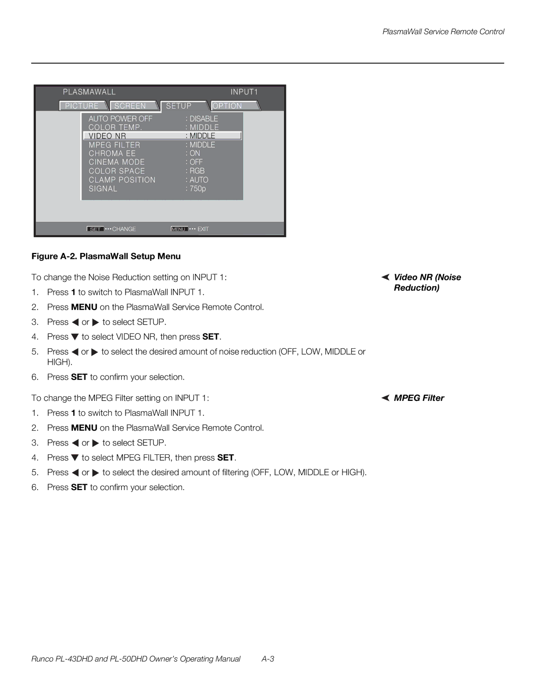 Runco PL-43DHD, PL-50DHD manual Video NR Noise Reduction, Mpeg Filter 