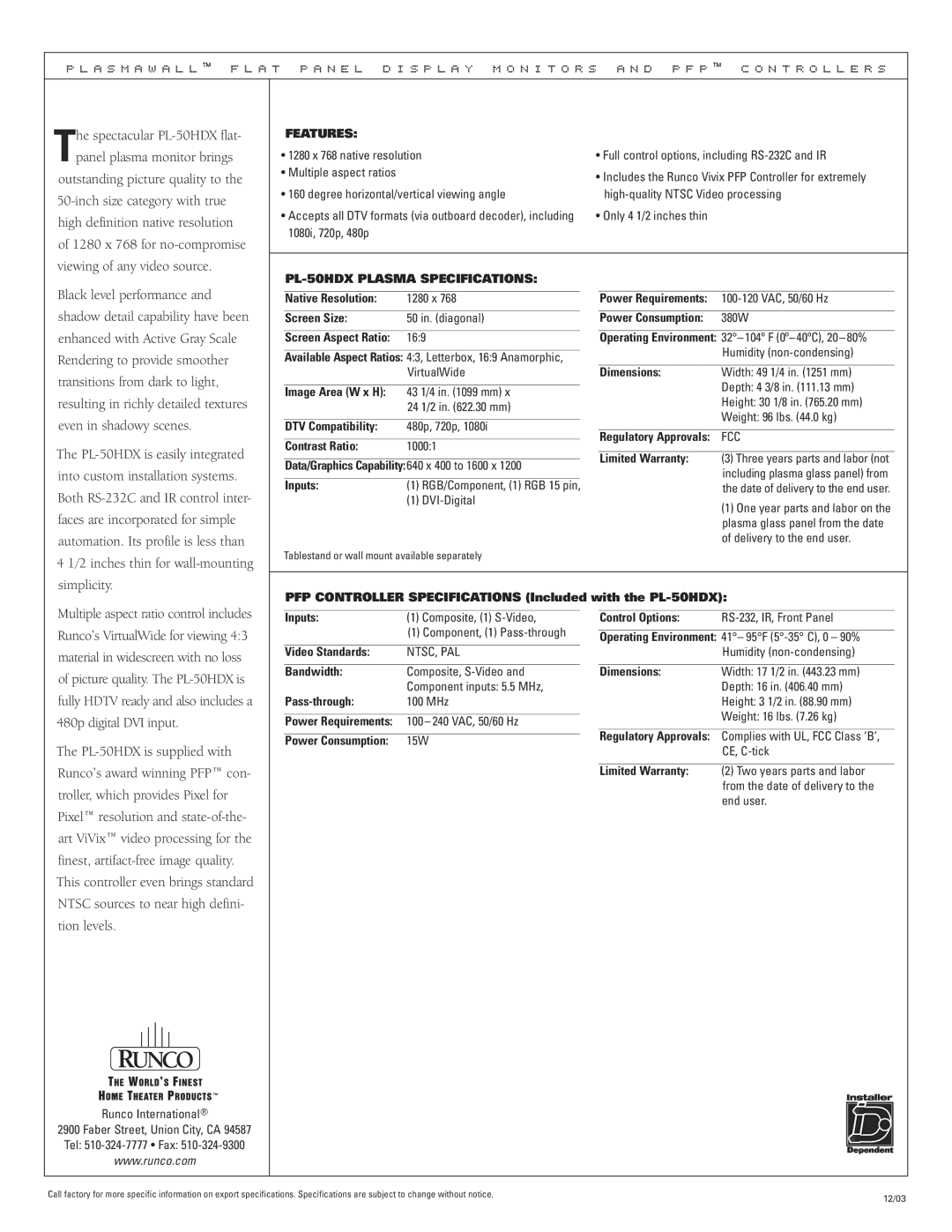 Runco manual Features, PL-50HDX Plasma Specifications 