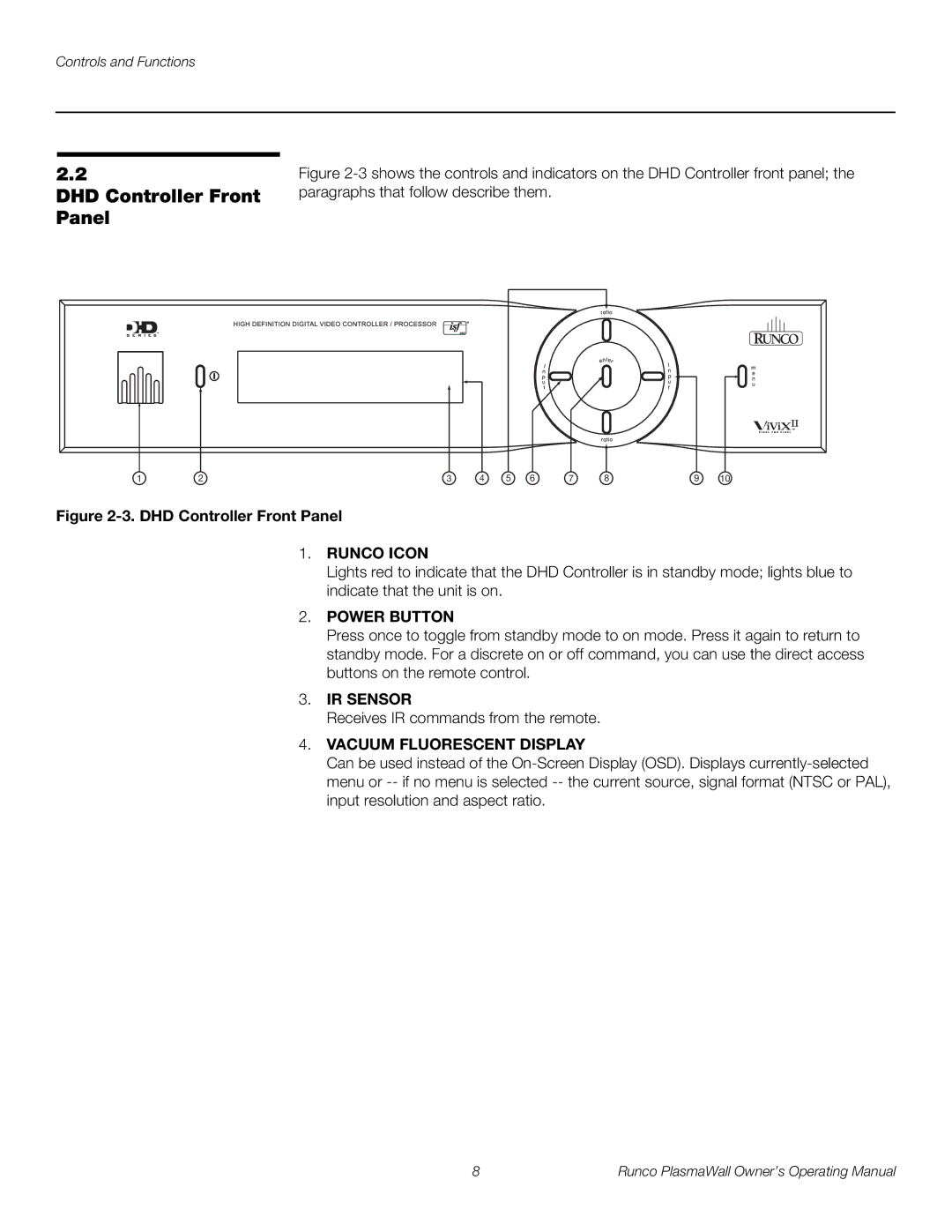 Runco PL-50XA manual DHD Controller Front Panel, Runco Icon, IR Sensor, Vacuum Fluorescent Display 