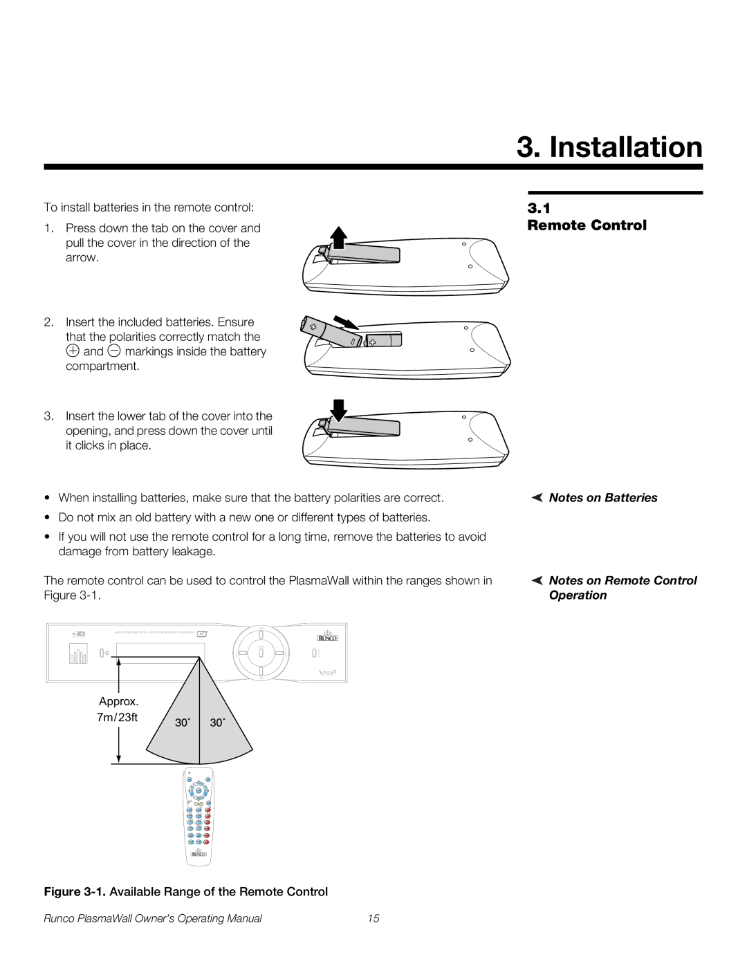 Runco PL-50XA manual Installation, Remote Control 