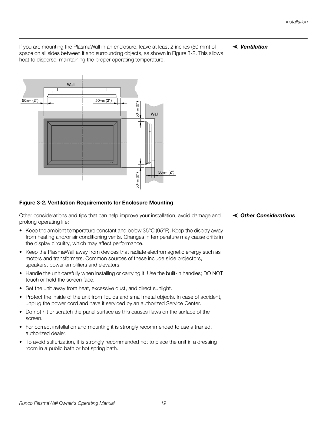 Runco PL-50XA manual Ventilation, Other Considerations, Prolong operating life 