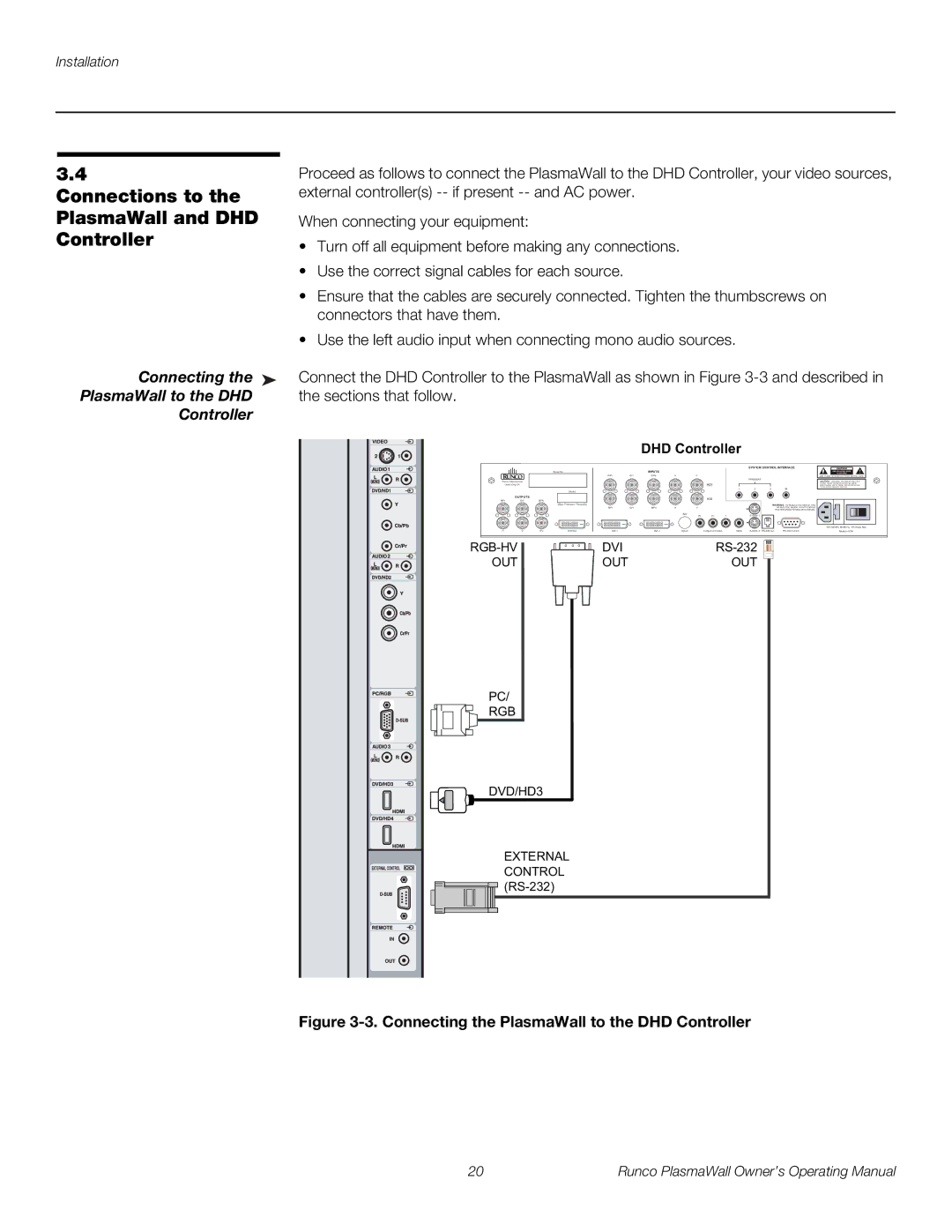 Runco PL-50XA manual Connections to the PlasmaWall and DHD Controller, Connecting PlasmaWall to the DHD Controller 