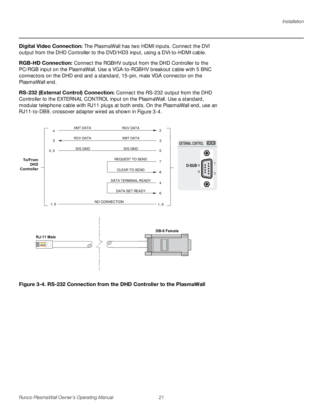 Runco PL-50XA manual RS-232 Connection from the DHD Controller to the PlasmaWall 