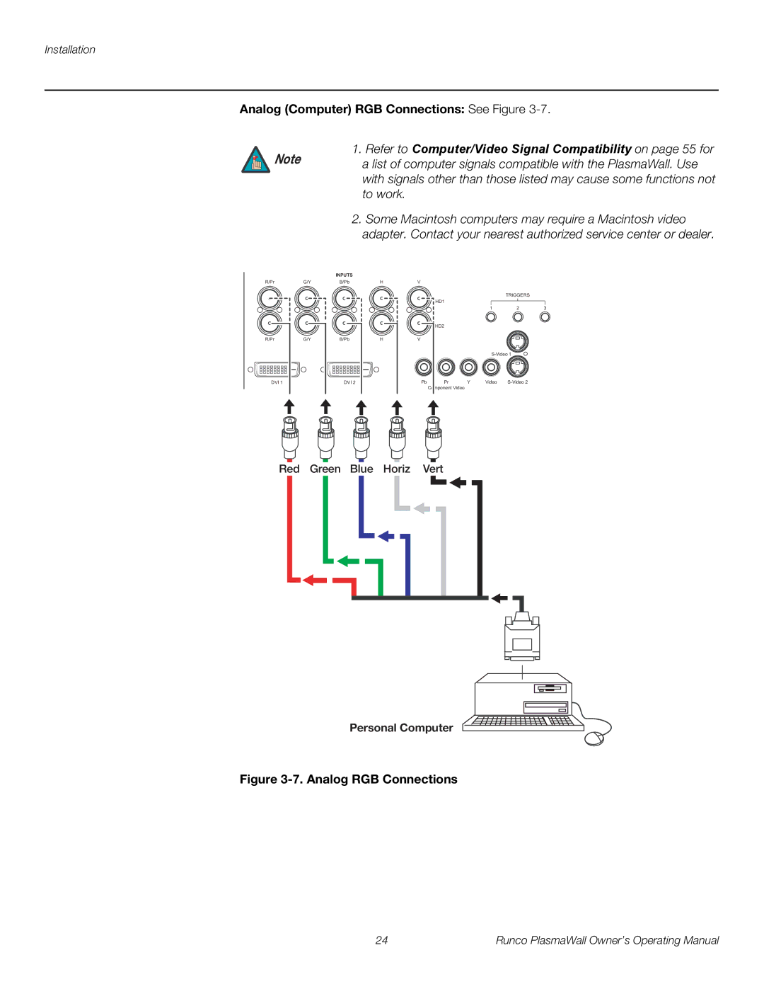 Runco PL-50XA Analog Computer RGB Connections See Figure, Refer to Computer/Video Signal Compatibility on page 55 for 