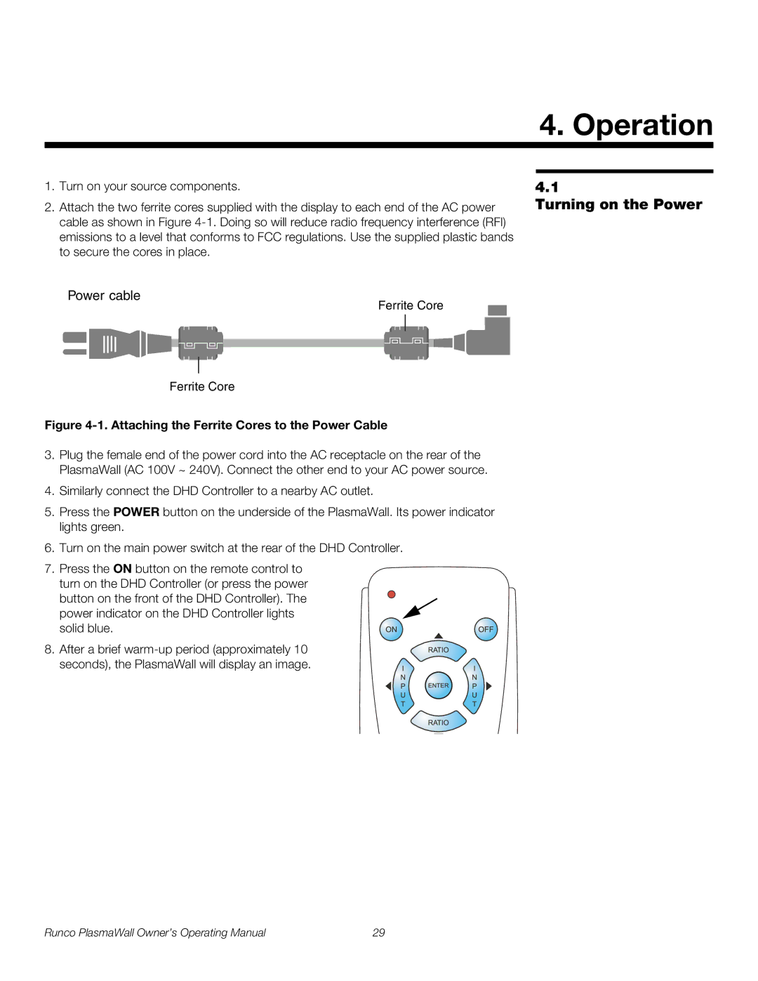 Runco PL-50XA manual Operation, Turning on the Power 