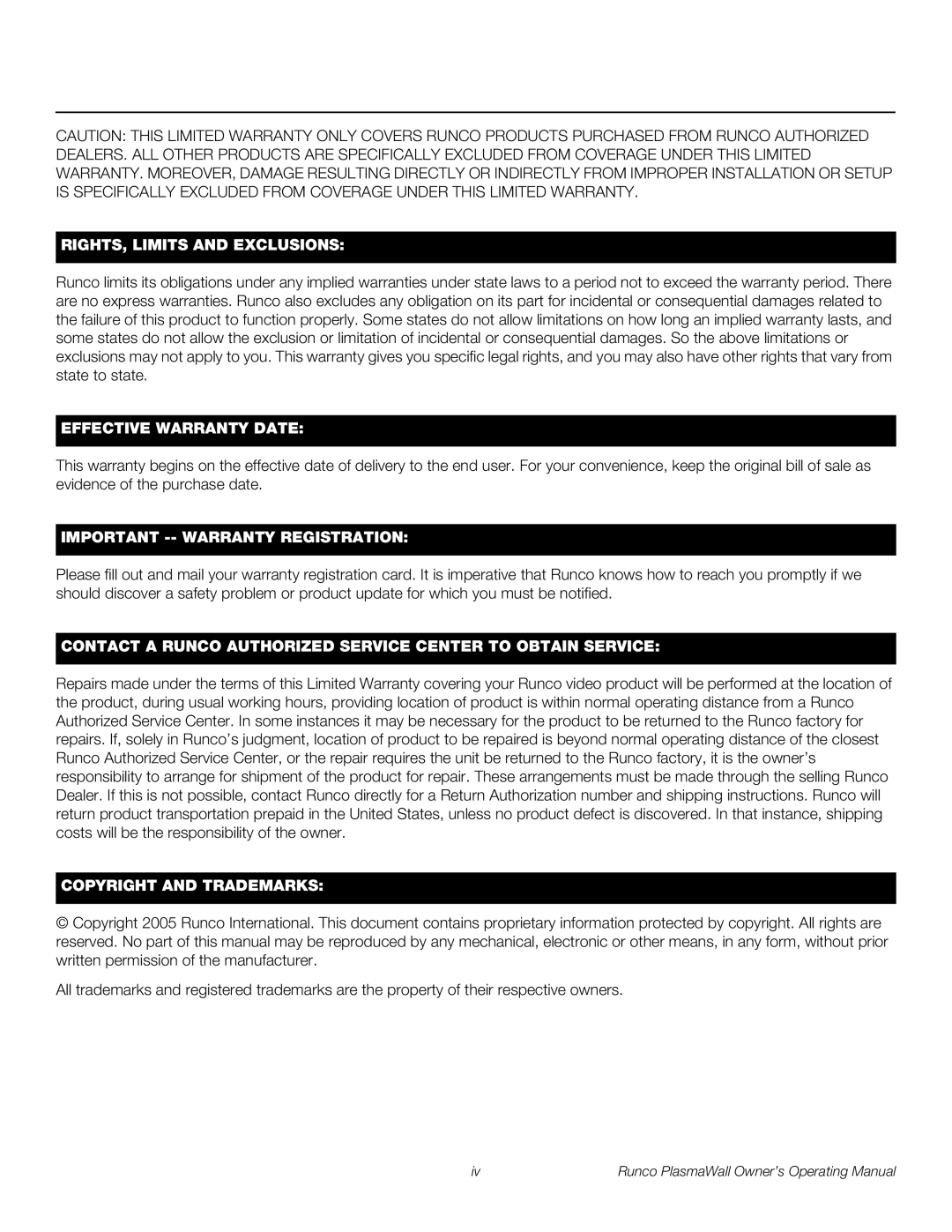 Runco PL-50XA manual RIGHTS, Limits and Exclusions 