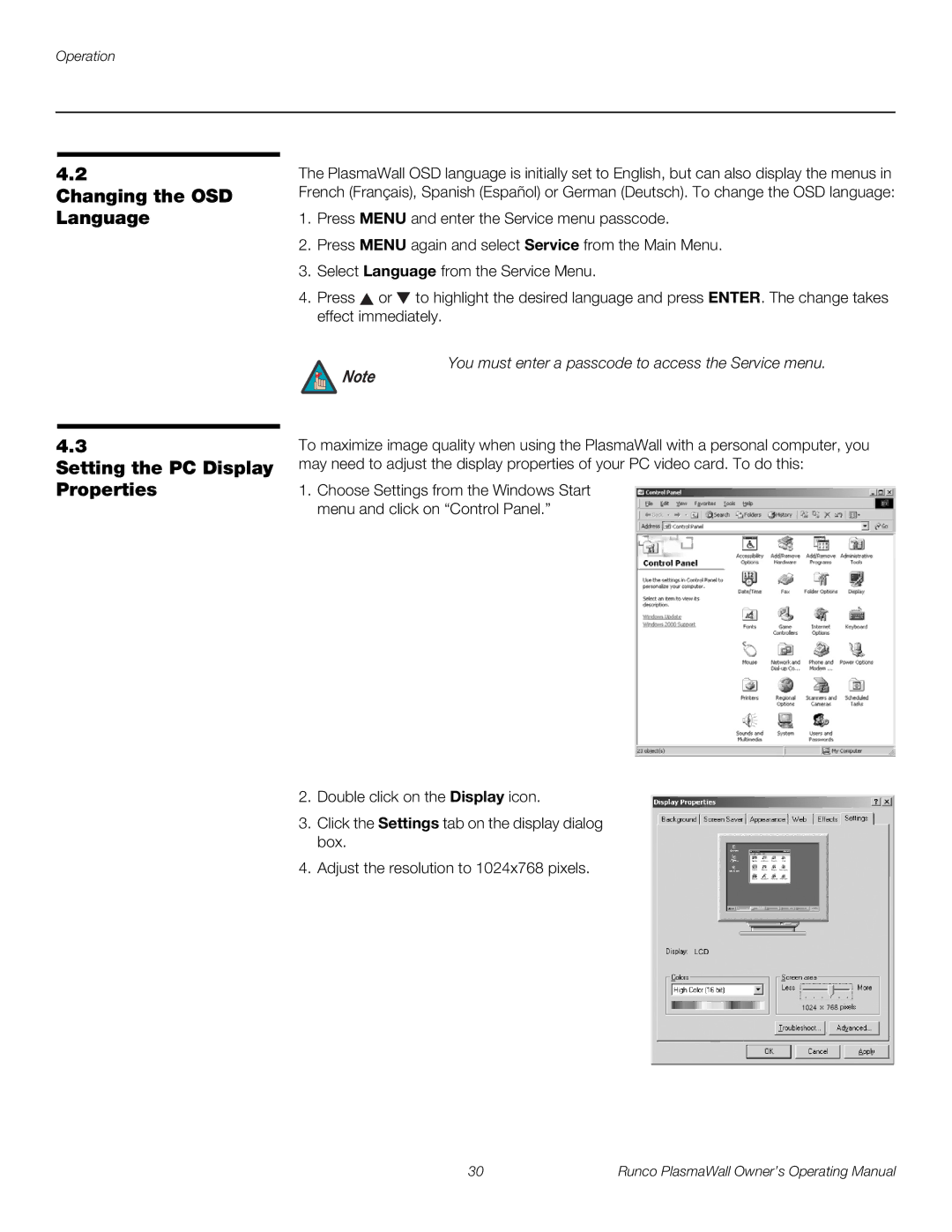 Runco PL-50XA manual Changing the OSD Language, Setting the PC Display Properties 