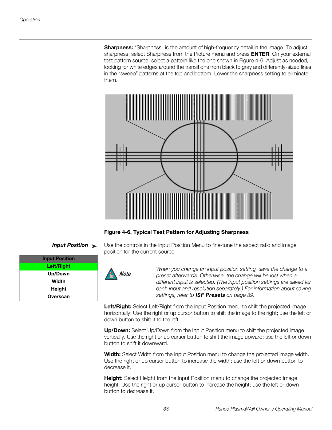 Runco PL-50XA manual Input Position Left/Right Up/Down Width Height Overscan 