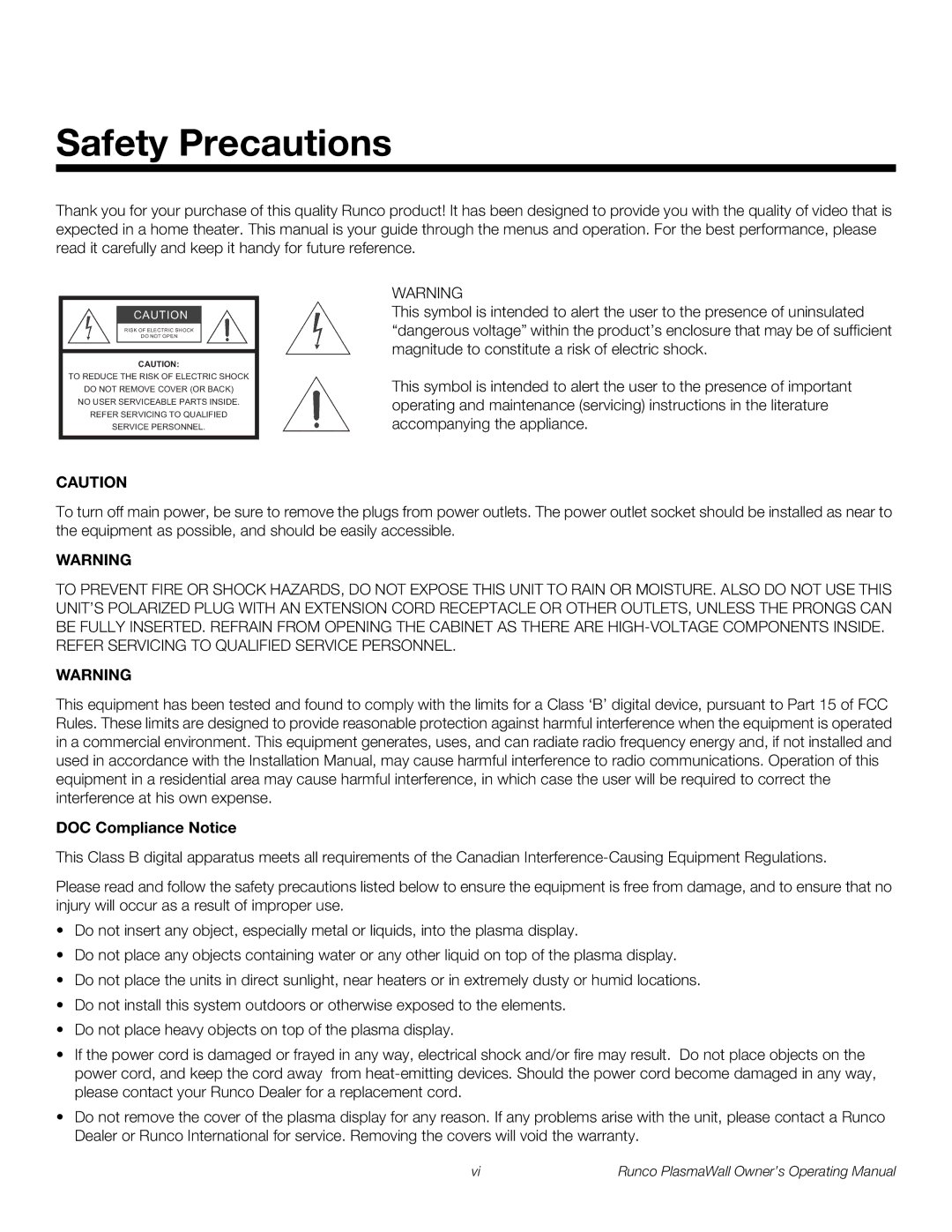 Runco PL-50XA manual Safety Precautions, DOC Compliance Notice 