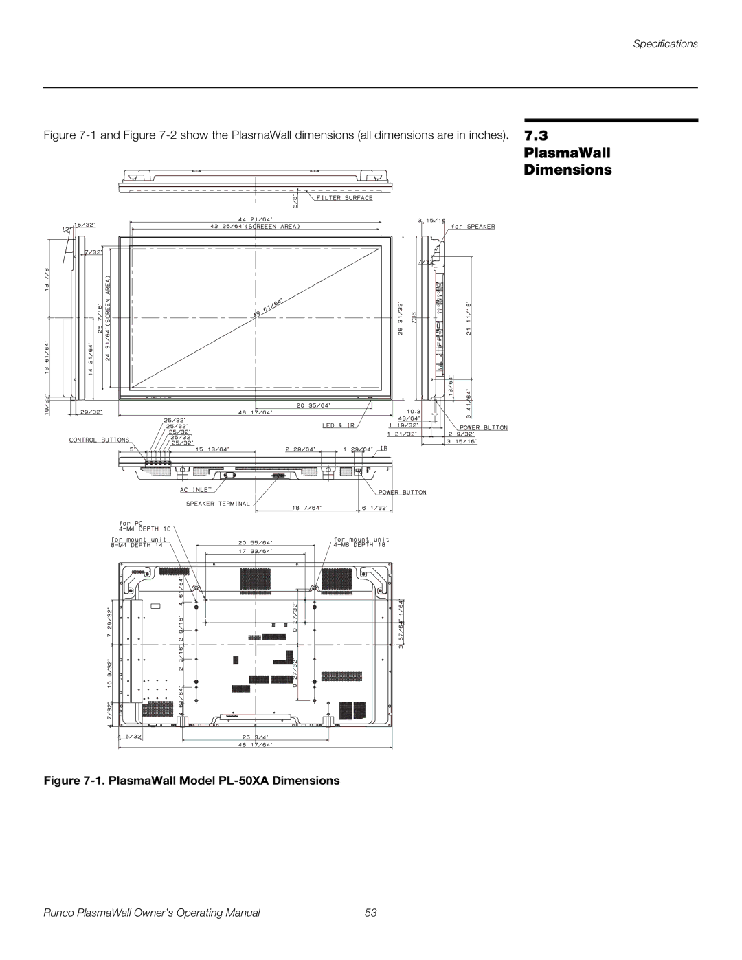 Runco manual PlasmaWall Dimensions, PlasmaWall Model PL-50XA Dimensions 