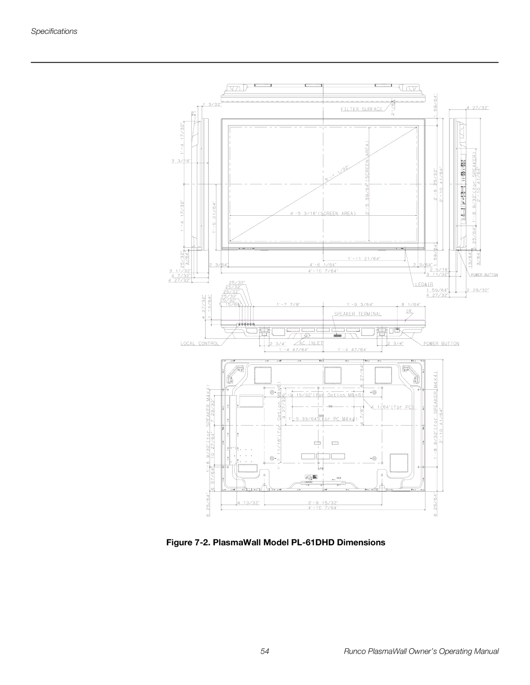 Runco PL-50XA manual PlasmaWall Model PL-61DHD Dimensions 