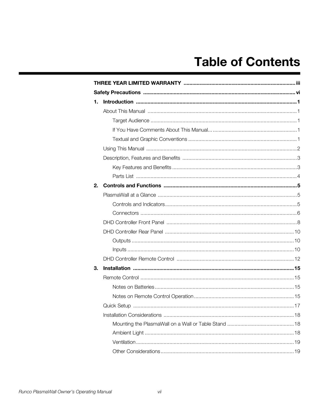 Runco PL-50XA manual Table of Contents 