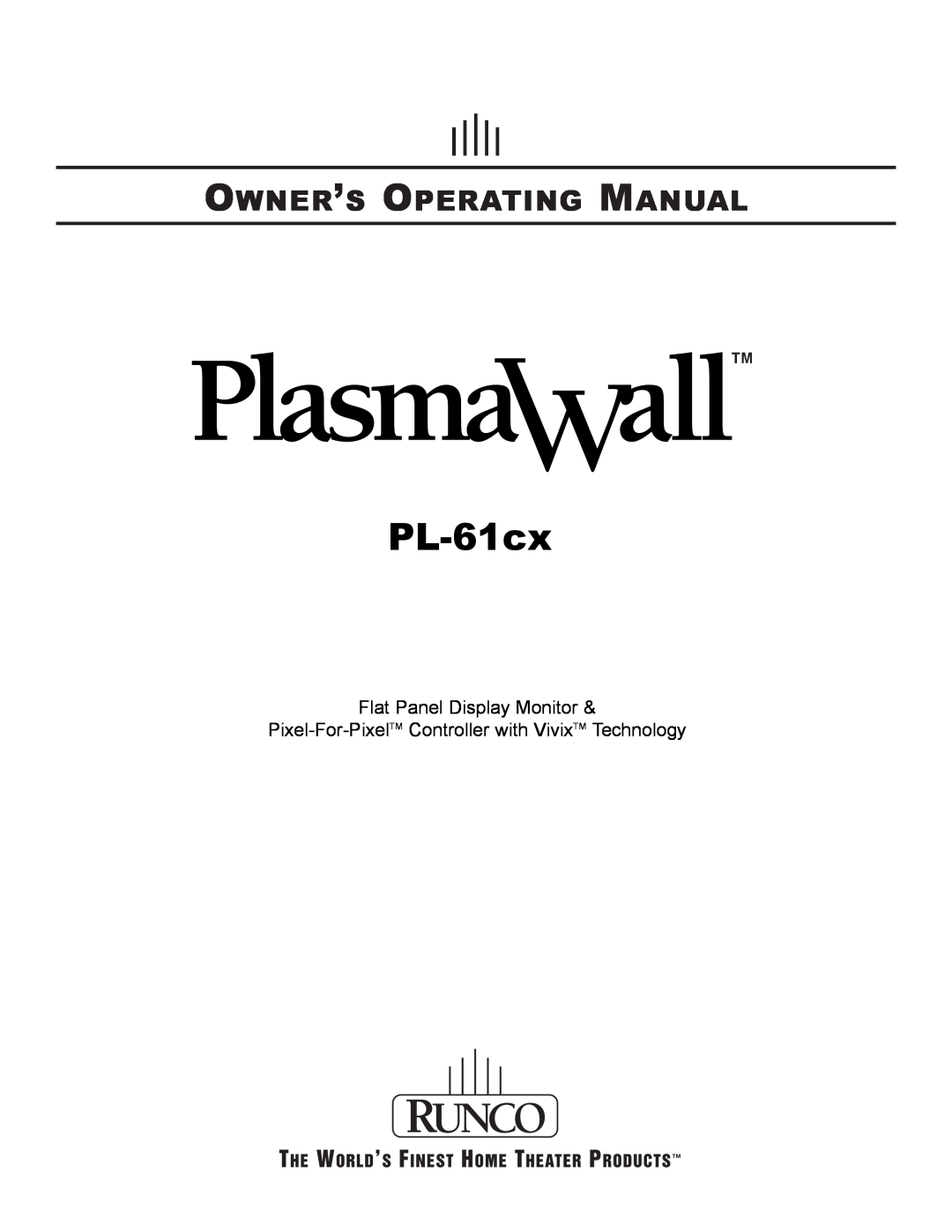 Runco PL-61CX manual PL-61cx, Owner’S Operating Manual 