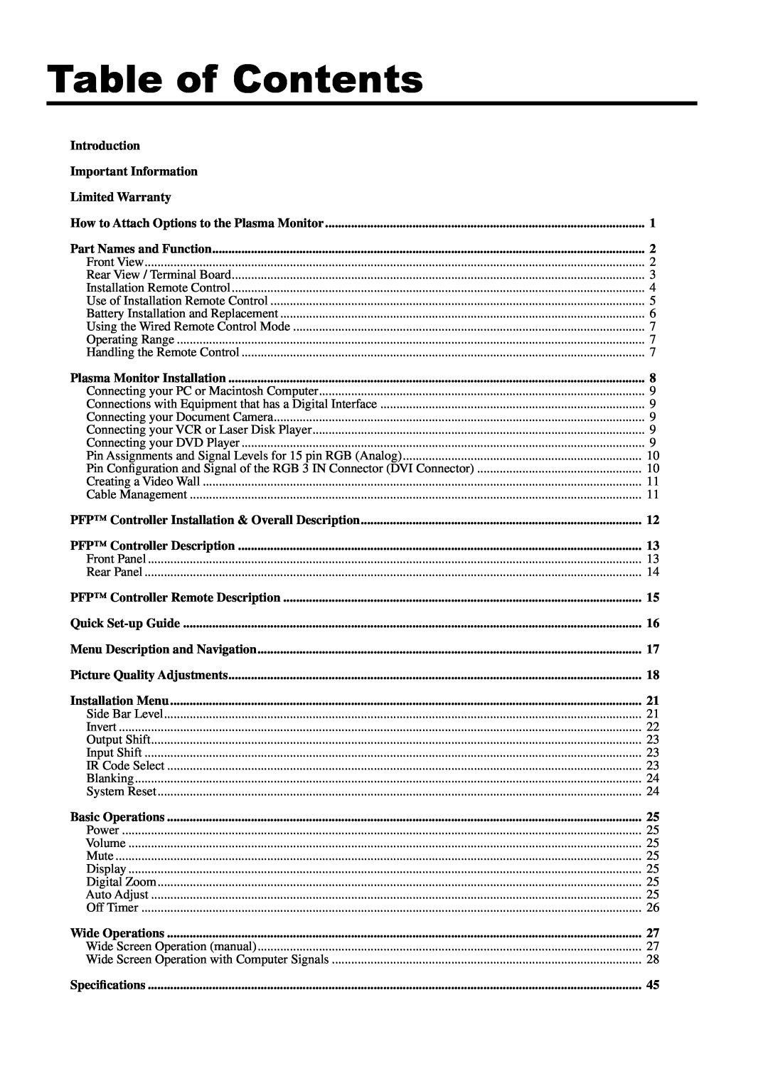 Runco PL-61CX manual Table of Contents 