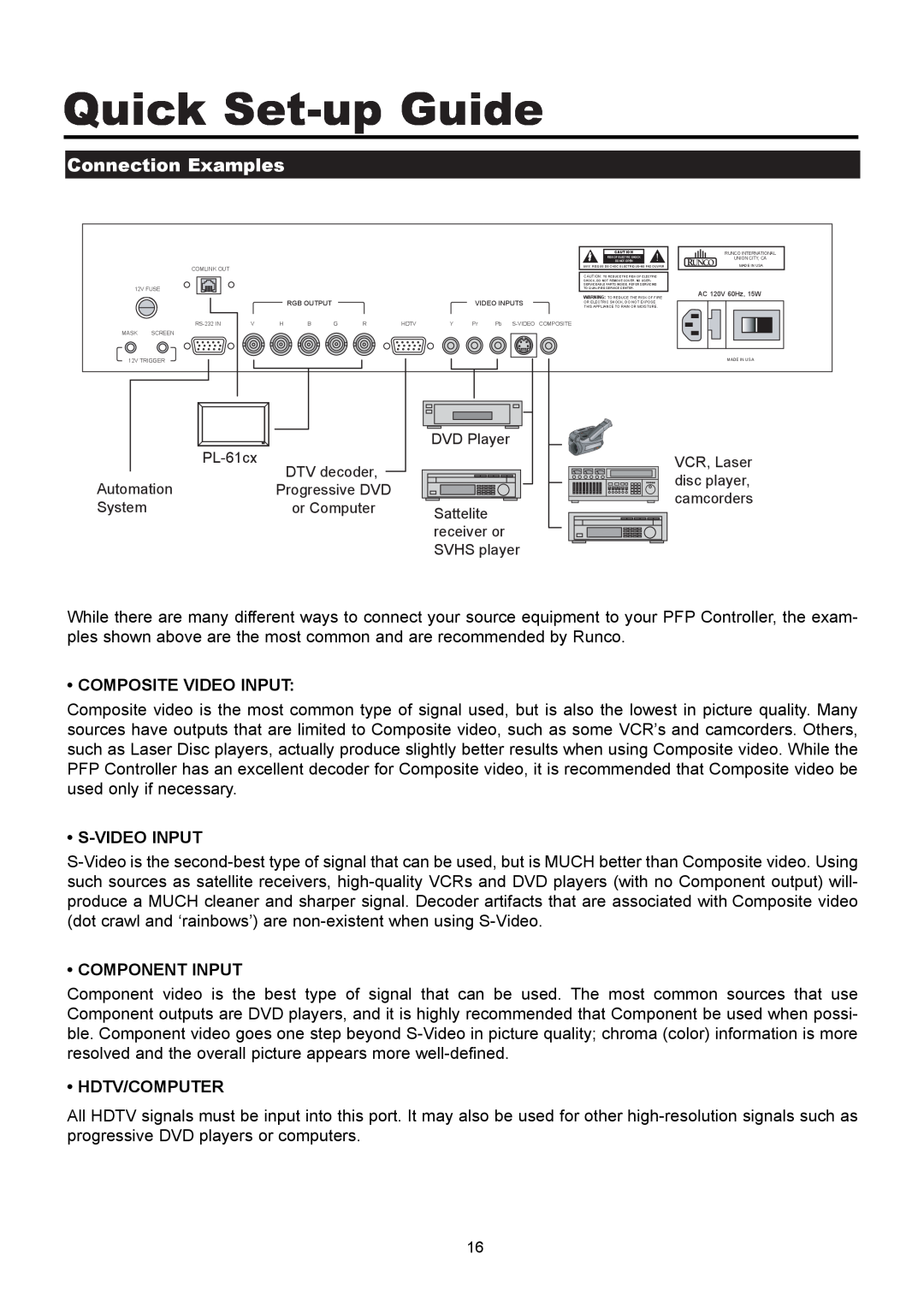 Runco PL-61CX manual Quick Set-up Guide, Connection Examples 