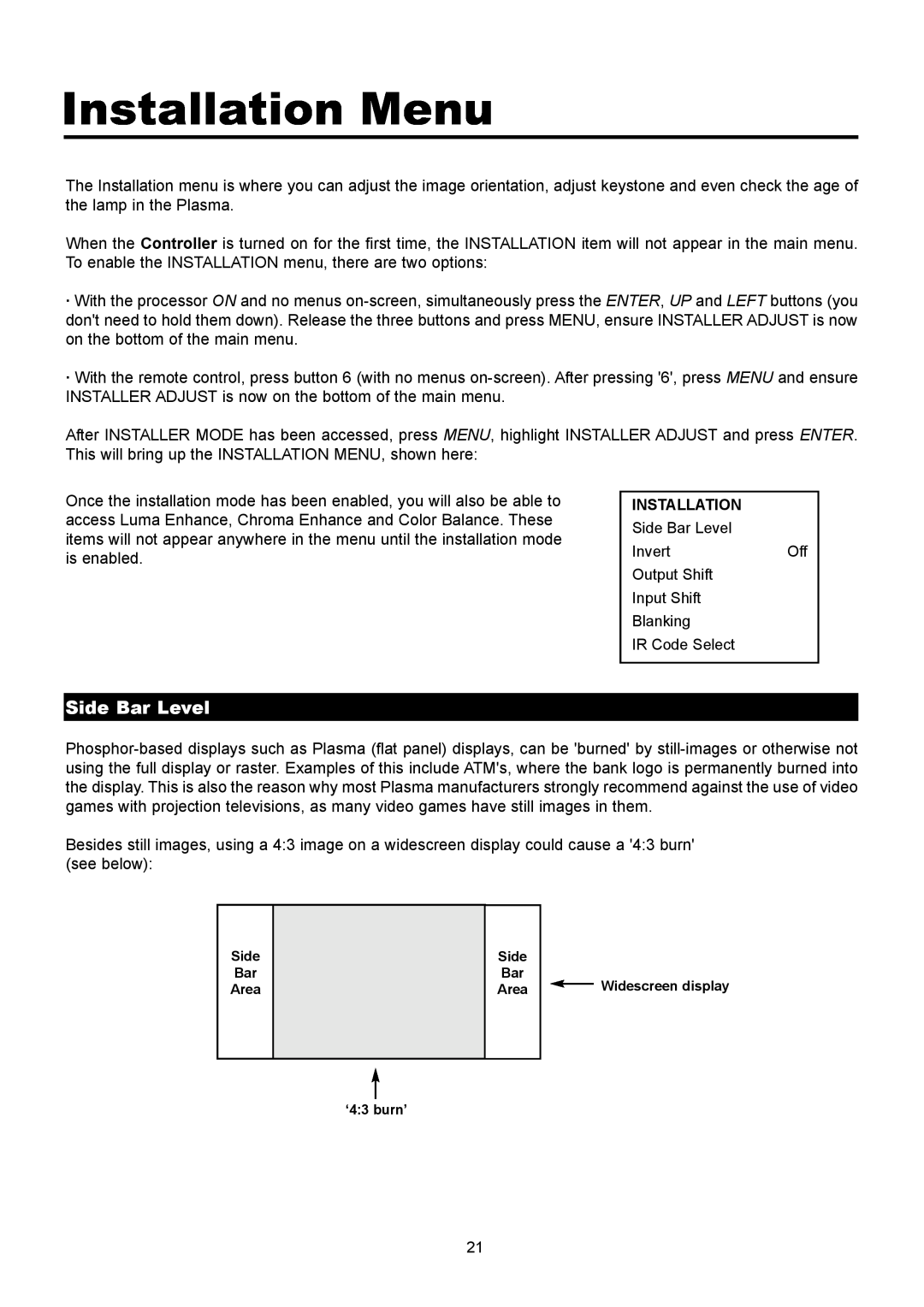 Runco PL-61CX manual Installation Menu, Side Bar Level 