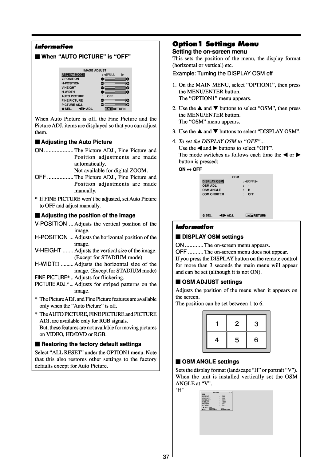 Runco PL-61CX manual Option1 Settings Menu, Setting the on-screen menu, Information,  When “ AUTO PICTURE” is “ OFF” 
