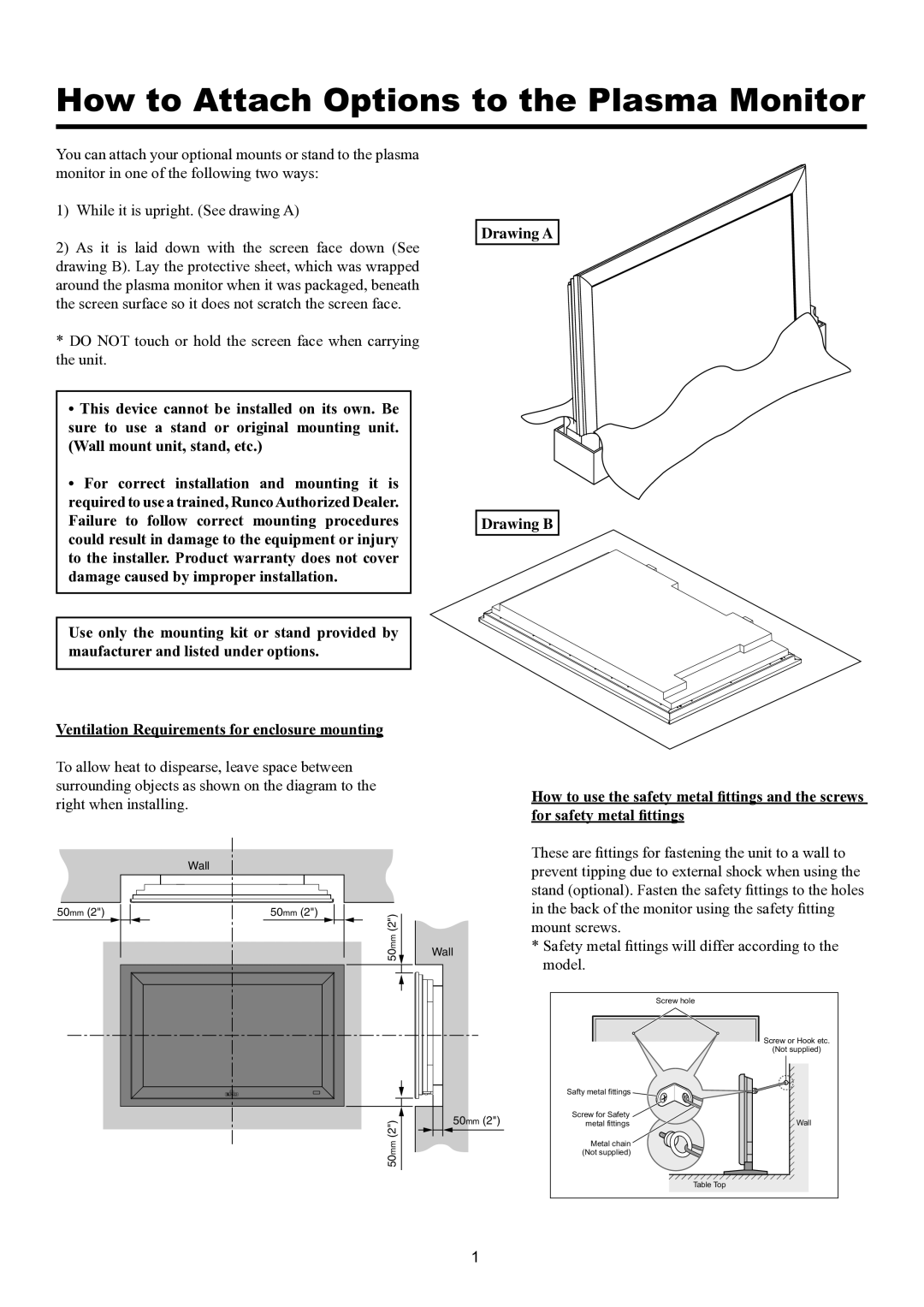 Runco PL-61CX manual How to Attach Options to the Plasma Monitor 