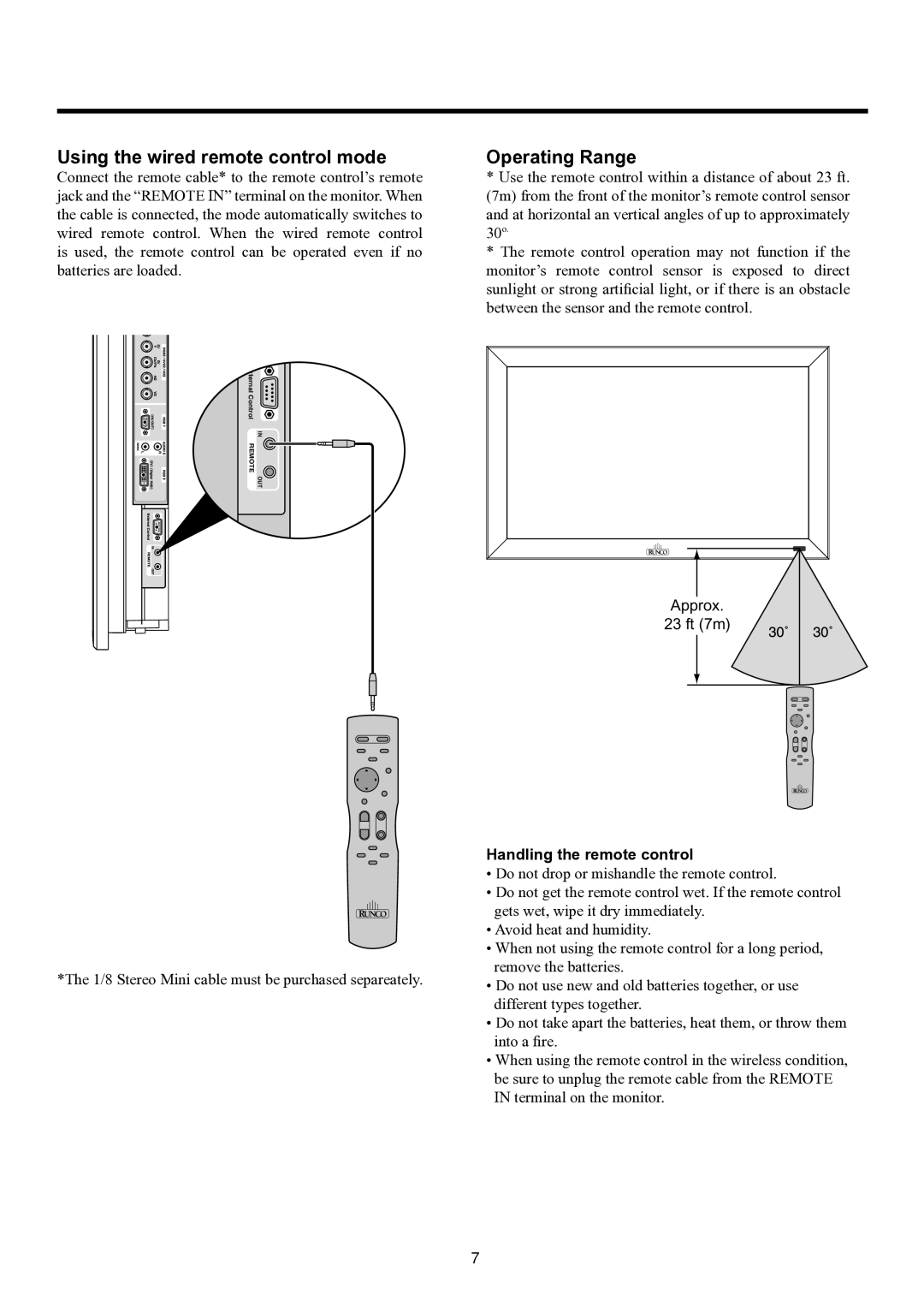 Runco PL-61CX Using the wired remote control mode, Operating Range, 1/8 Stereo Mini cable must be purchased separeately 