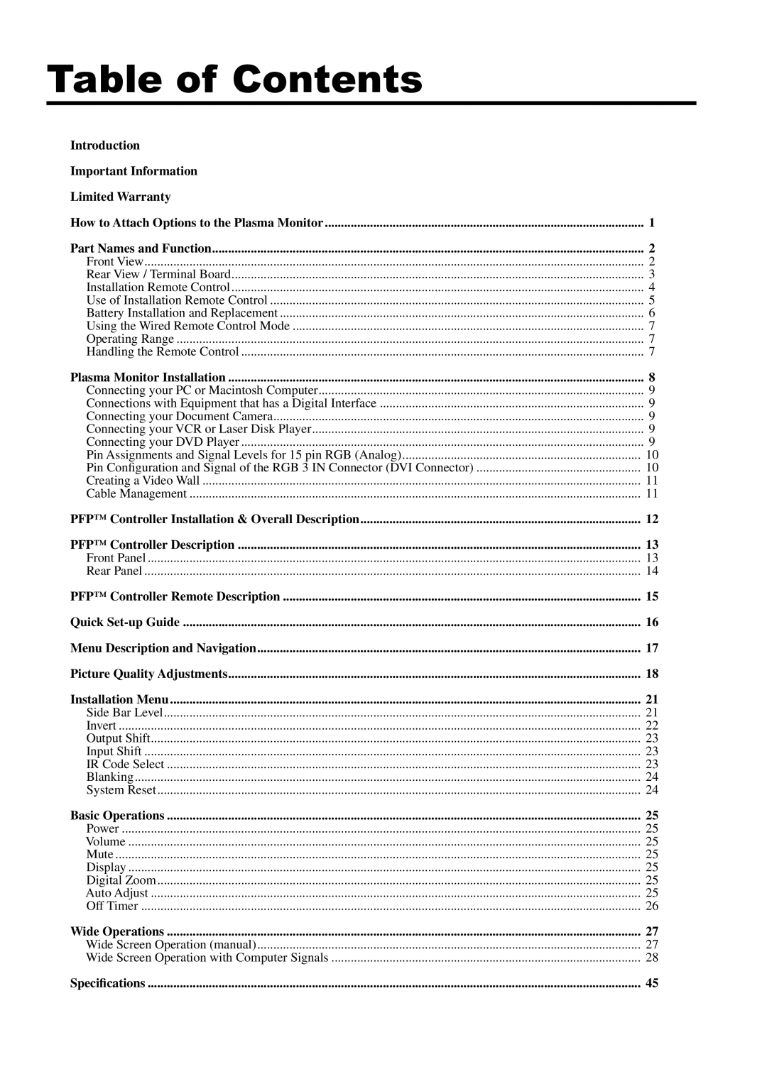 Runco PL-61CX manual Table of Contents 