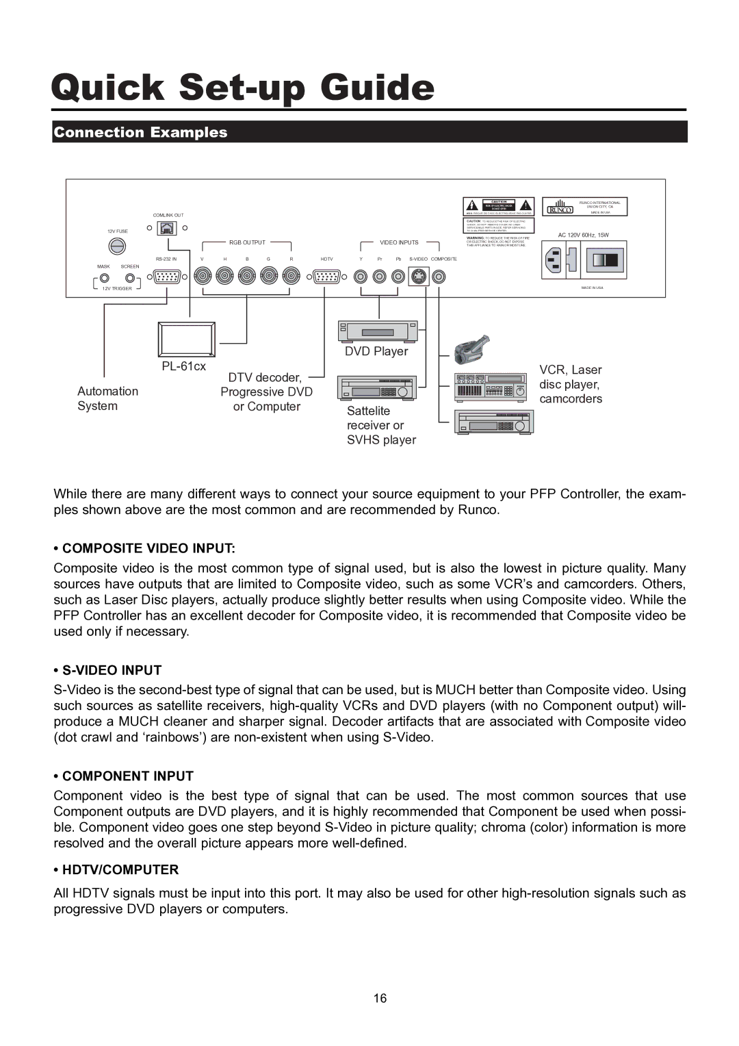 Runco PL-61CX manual Quick Set-up Guide, Connection Examples 